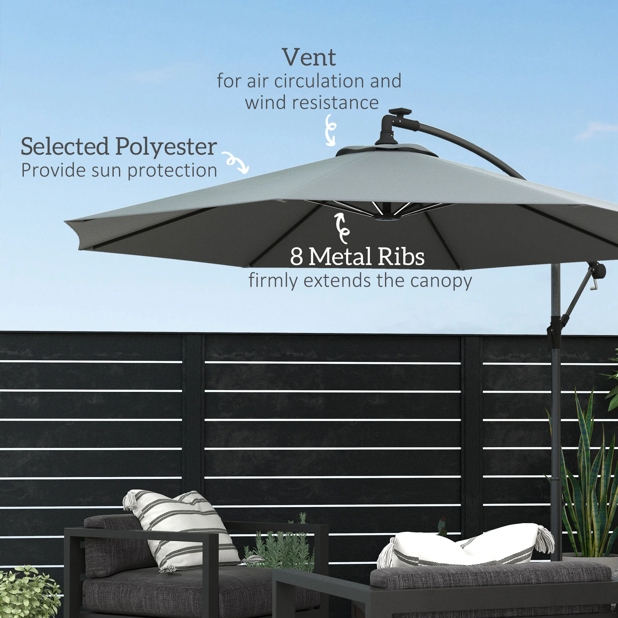 Outsunny 3(m) LED Patio Banana Umbrella Cantilever Parasol W/ Crank - Grey/Beige - Image 7