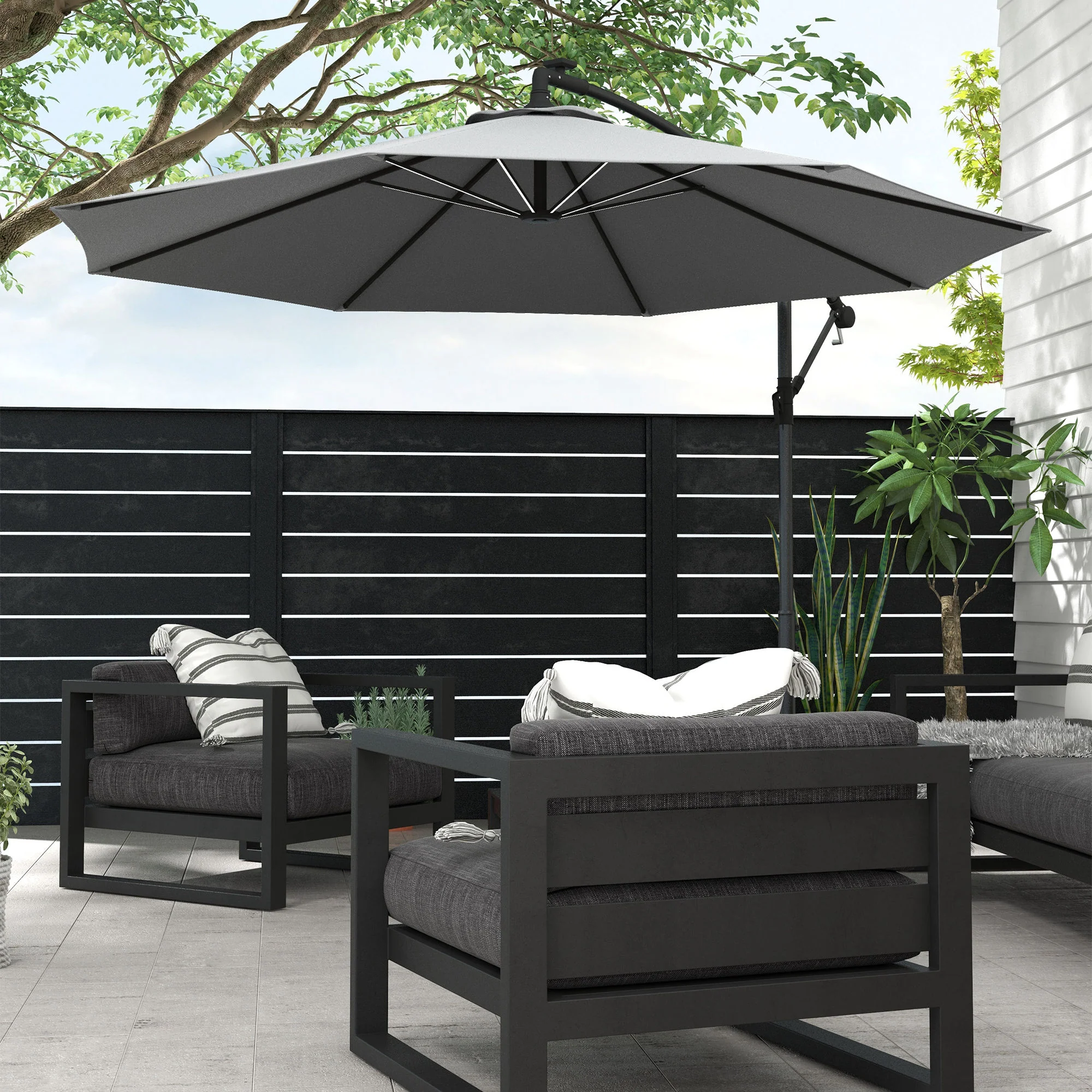 Outsunny 3(m) LED Patio Banana Umbrella Cantilever Parasol W/ Crank - Grey/Beige - Image 8