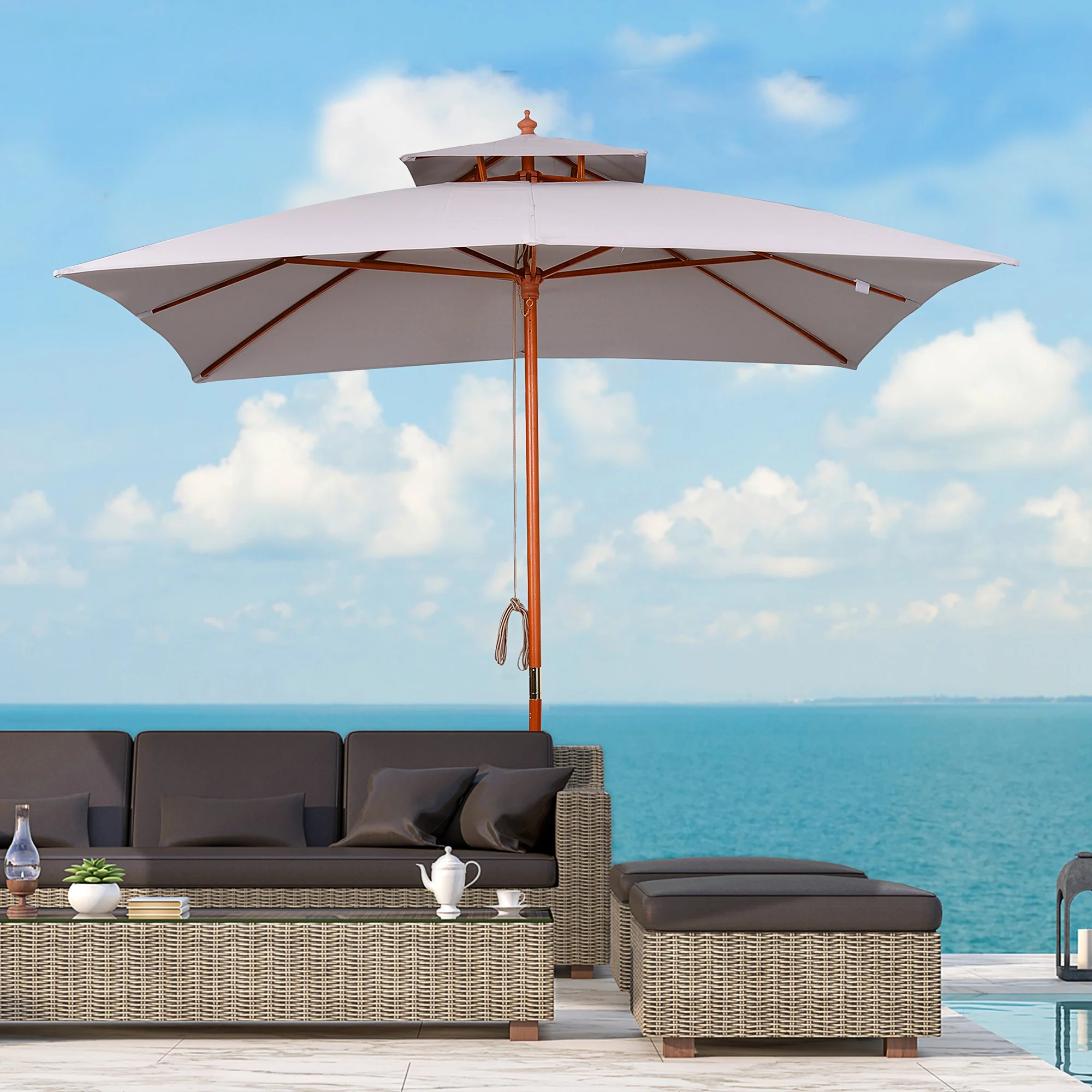 Outsunny 3(m) Wood Square Umbrella Garden Market Parasol Sunshade Grey - Image 2