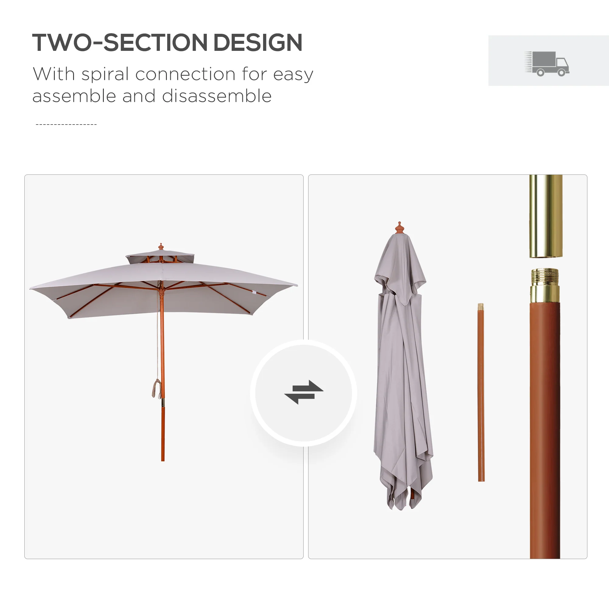 Outsunny 3(m) Wood Square Umbrella Garden Market Parasol Sunshade Grey - Image 6