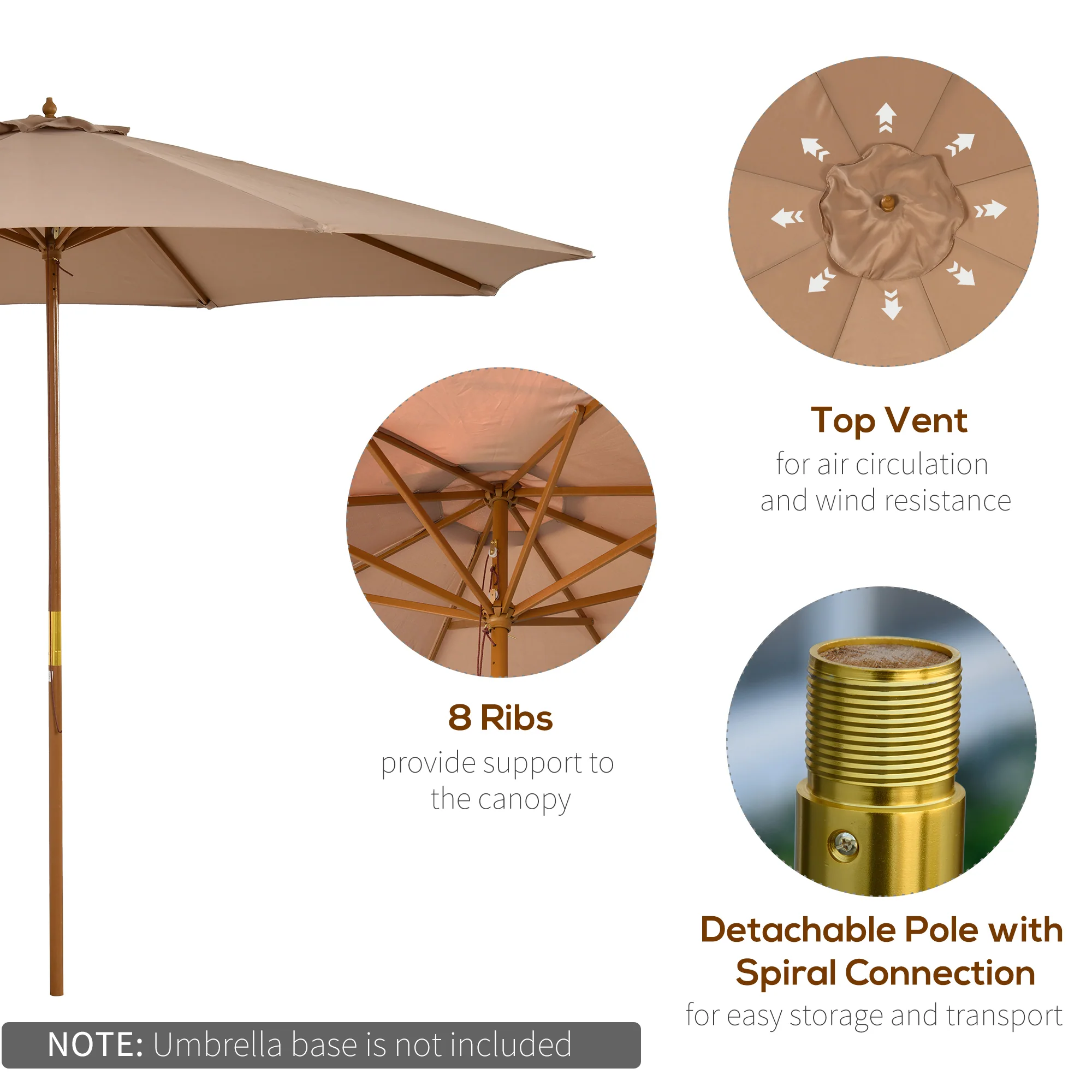 Outsunny 3(m) Wooden Garden Parasol Sun Shade Outdoor Umbrella Canopy Khaki - Image 6
