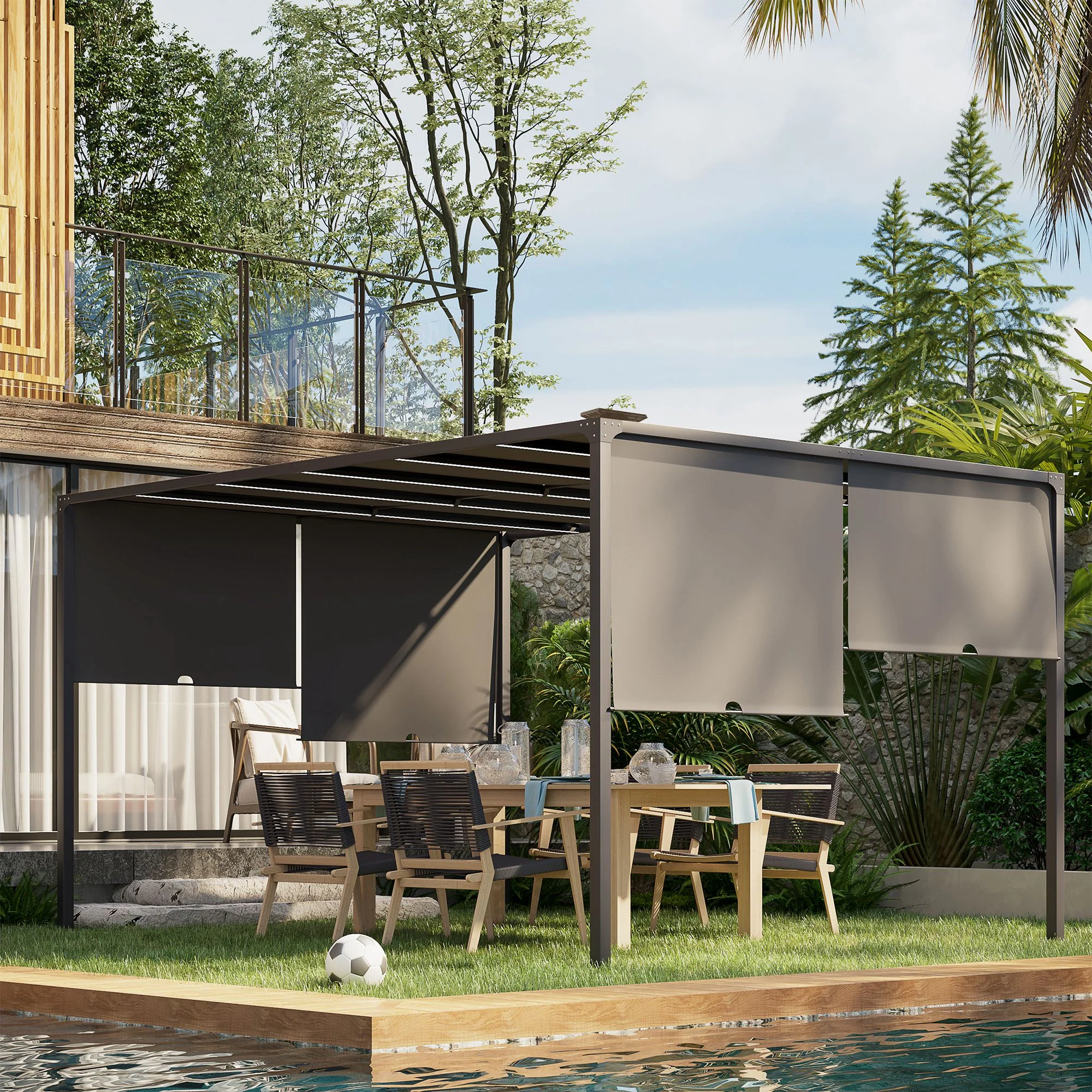 Outsunny 3m x 4m utdoor Garden Pergola with LED Lights Sliding Roof Grey - Image 2