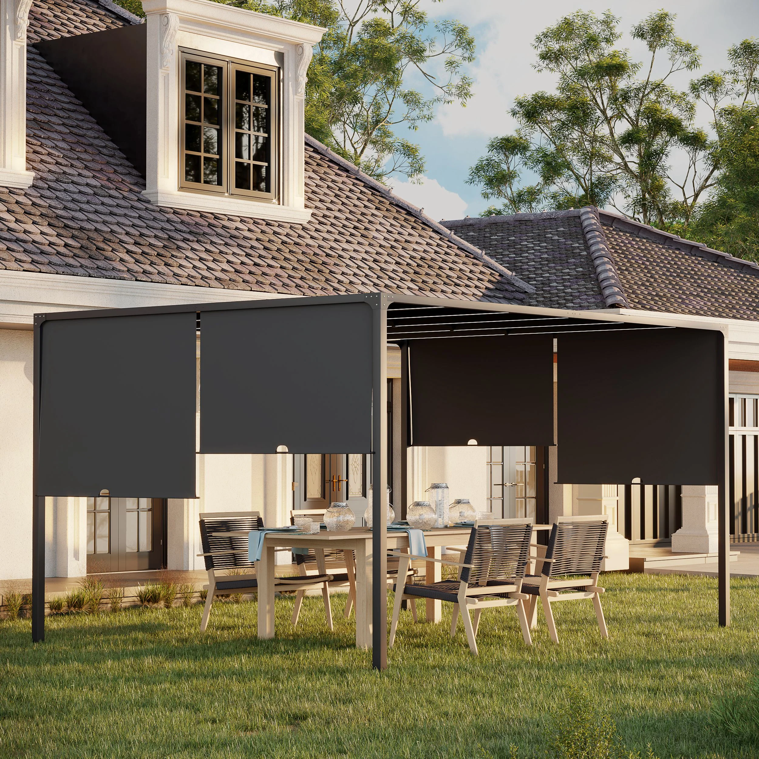 Outsunny 3m x 4m utdoor Garden Pergola with LED Lights Sliding Roof Grey - Image 8