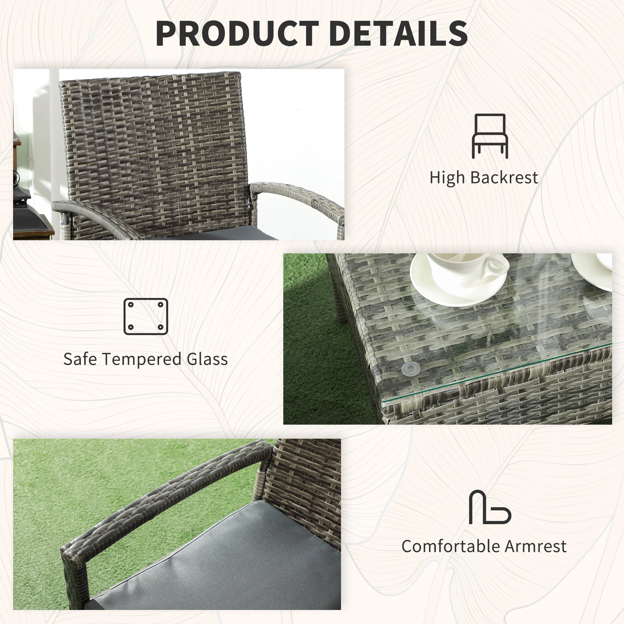 Outsunny 3PC Garden Rattan Bistro Set Balcony Dining Table Chair Mixed Grey - Image 7