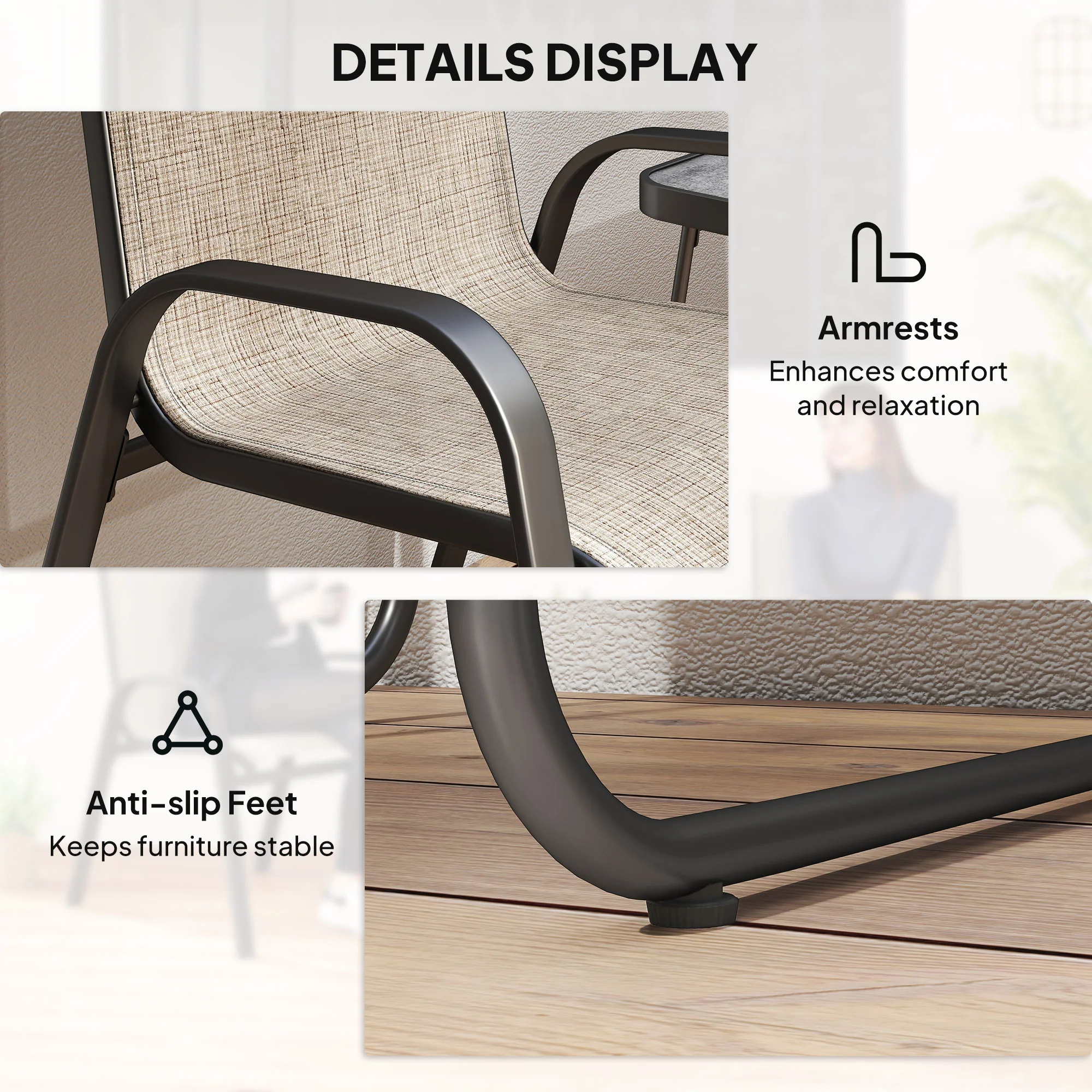 Outsunny 3PCs Bistro Set w/ Breathable Mesh Fabric & PSC Board Top Table, Brown - Image 6
