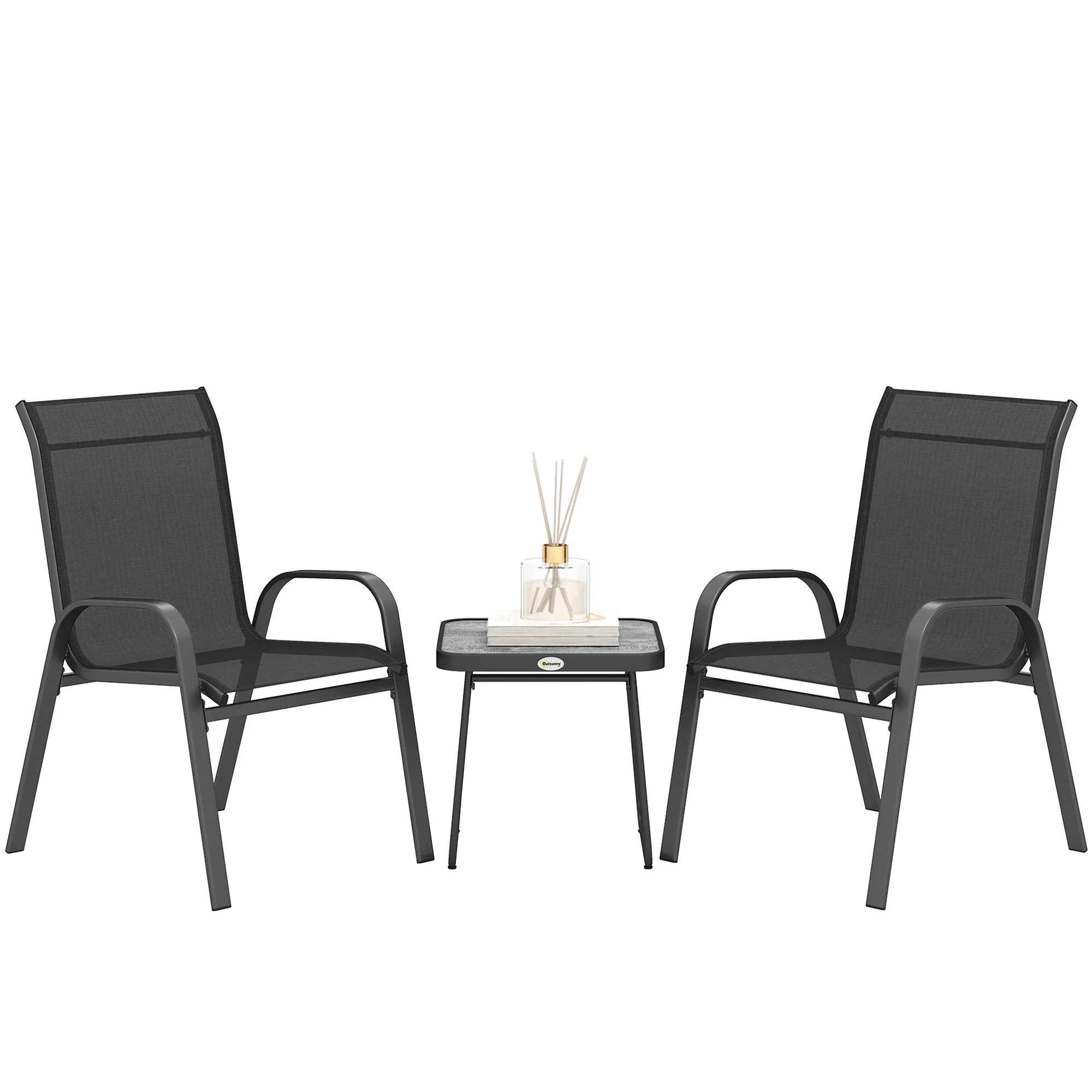 Outsunny 3PCs Bistro Set With Breathable Mesh Fabric Stackable Chairs - Grey/Black - Image 10