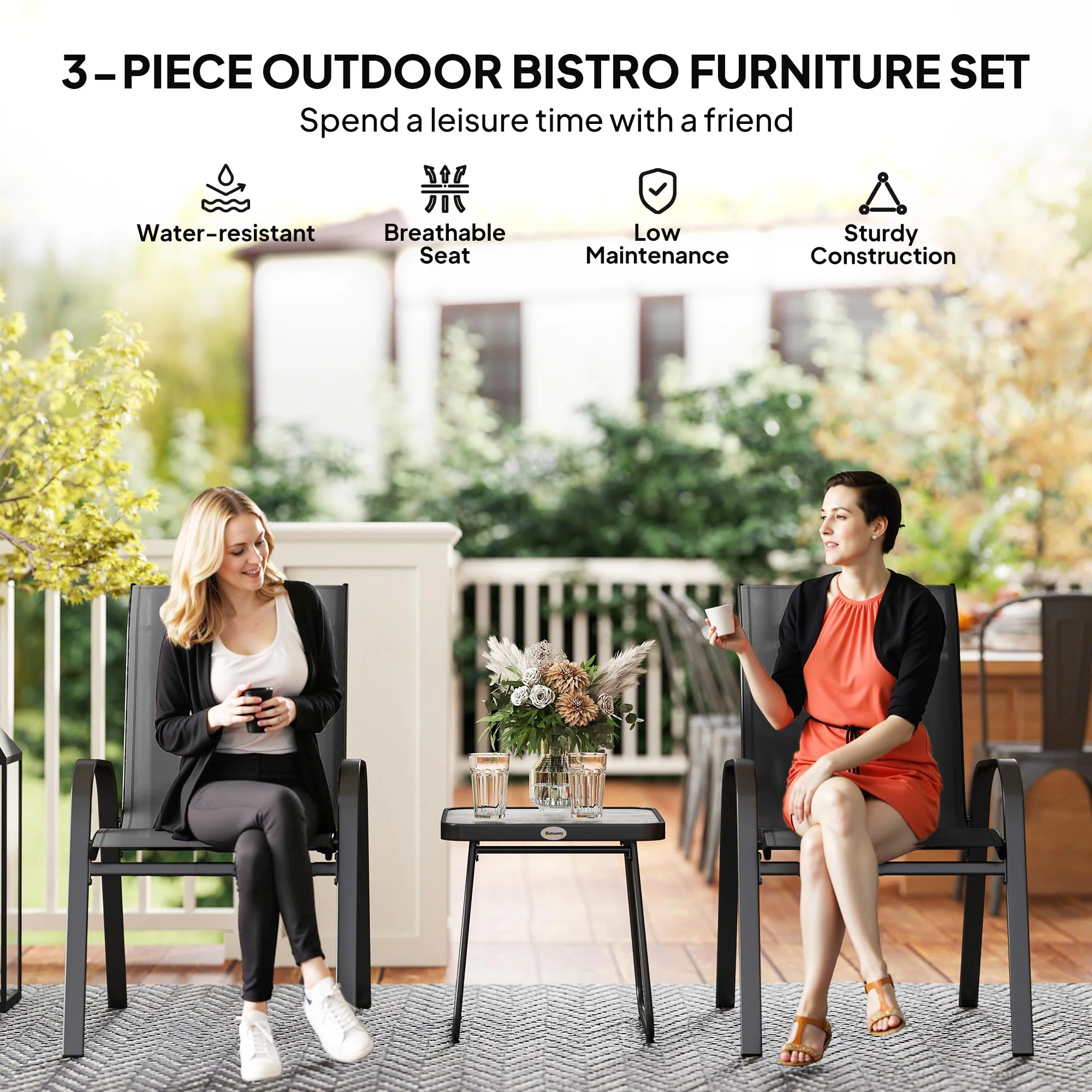 Outsunny 3PCs Bistro Set With Breathable Mesh Fabric Stackable Chairs - Grey/Black - Image 12