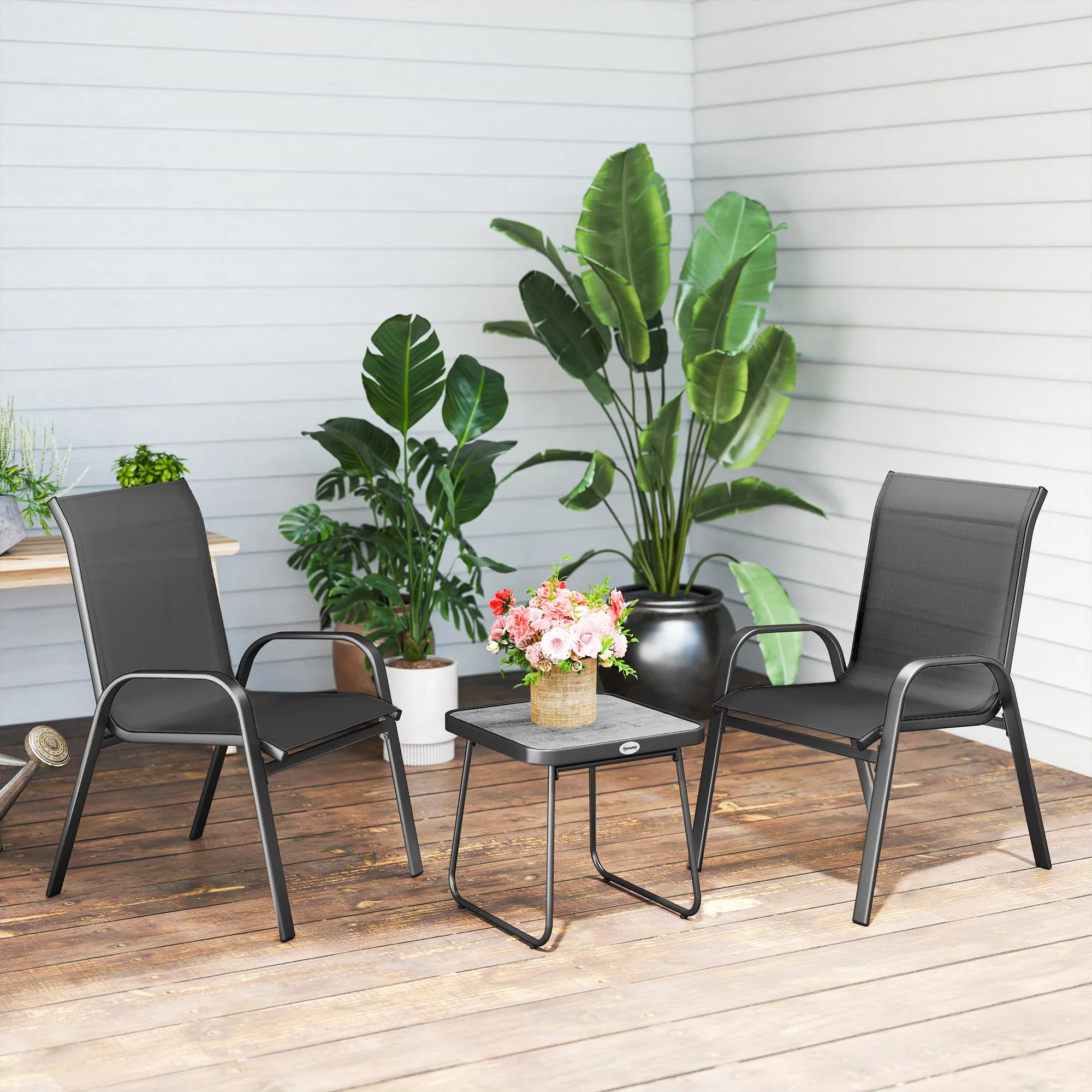 Outsunny 3PCs Bistro Set With Breathable Mesh Fabric Stackable Chairs - Grey/Black - Image 15