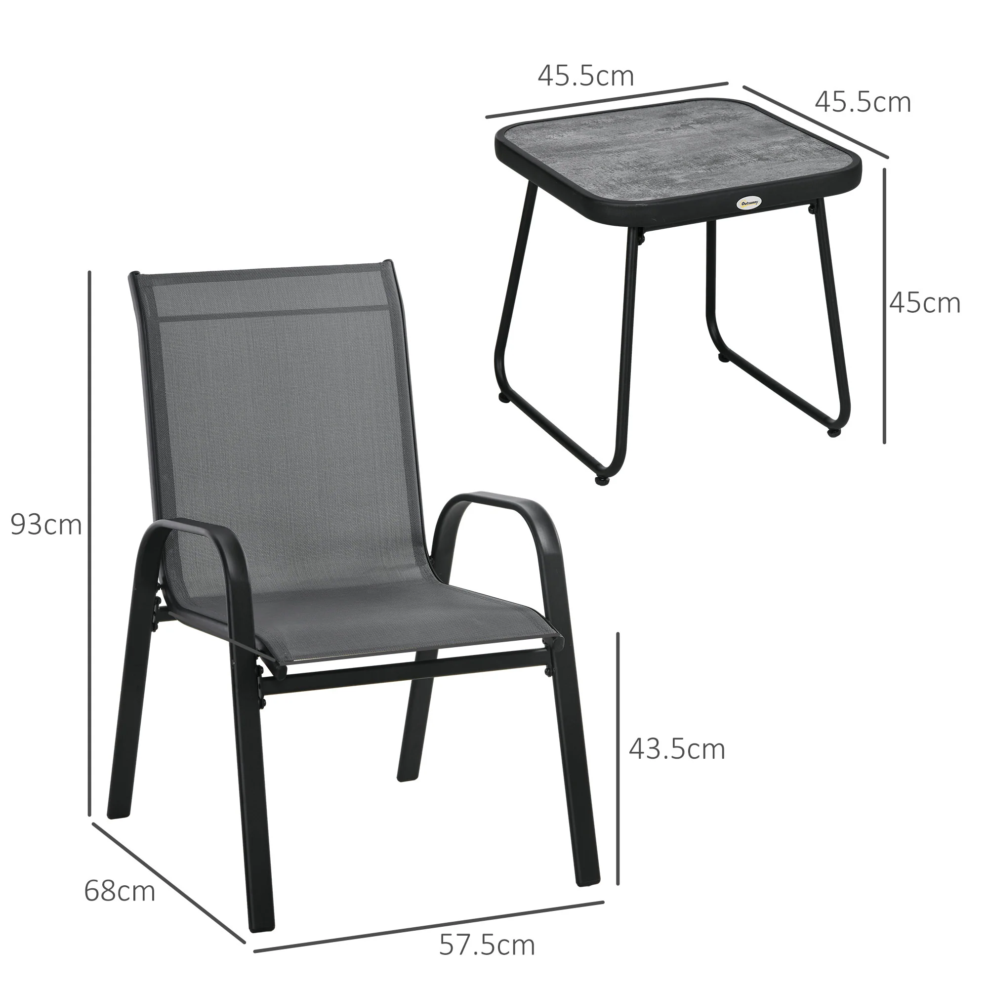 Outsunny 3PCs Bistro Set With Breathable Mesh Fabric Stackable Chairs - Grey/Black - Image 5