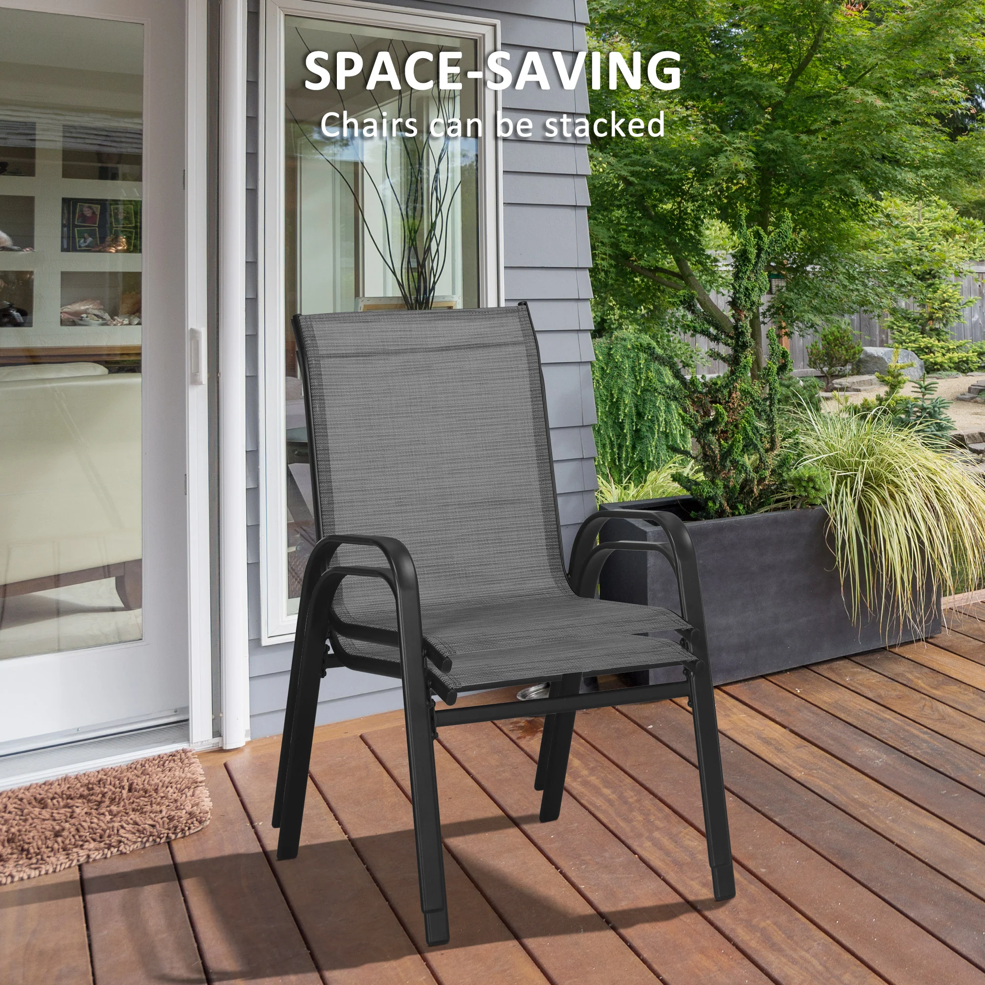 Outsunny 3PCs Bistro Set With Breathable Mesh Fabric Stackable Chairs - Grey/Black - Image 7