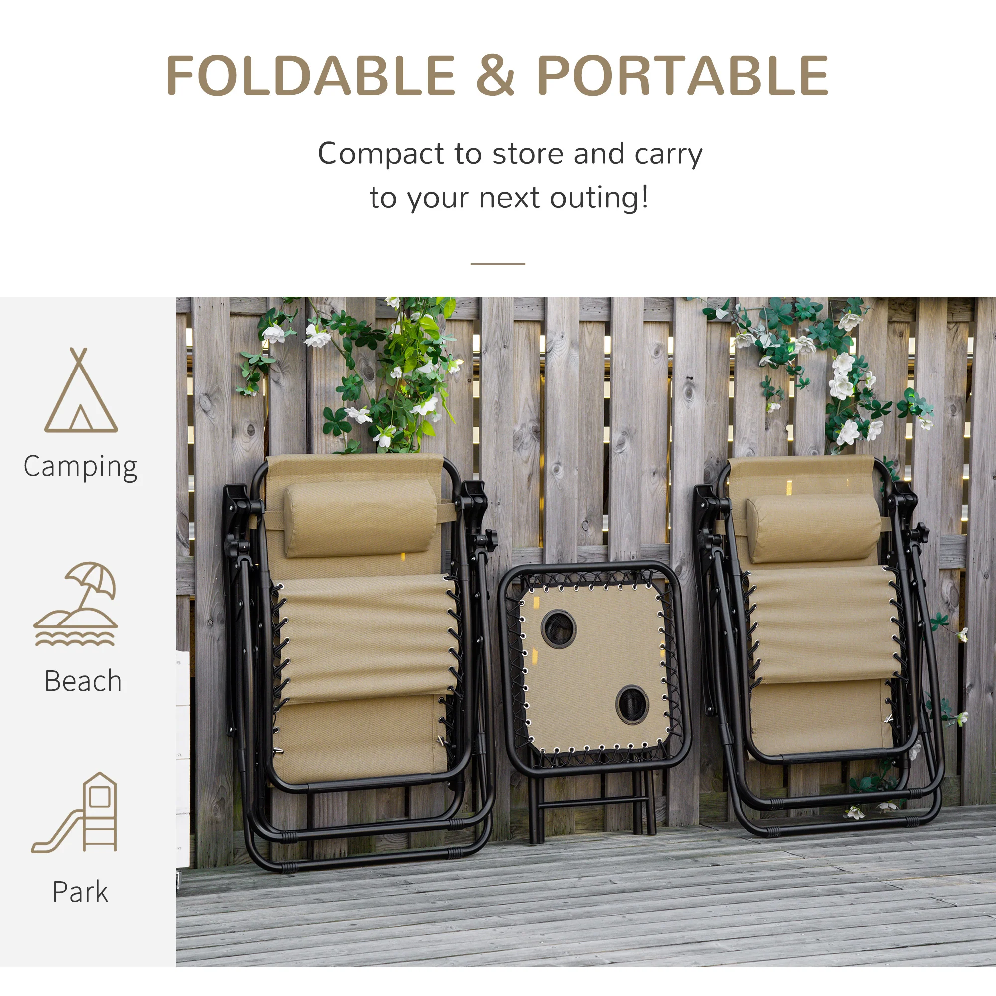 Outsunny 3pcs Folding Zero Gravity Chairs Sun Lounger Table Set W/ Cup Holders Reclining Garden Yard Pool, Beige - Image 5