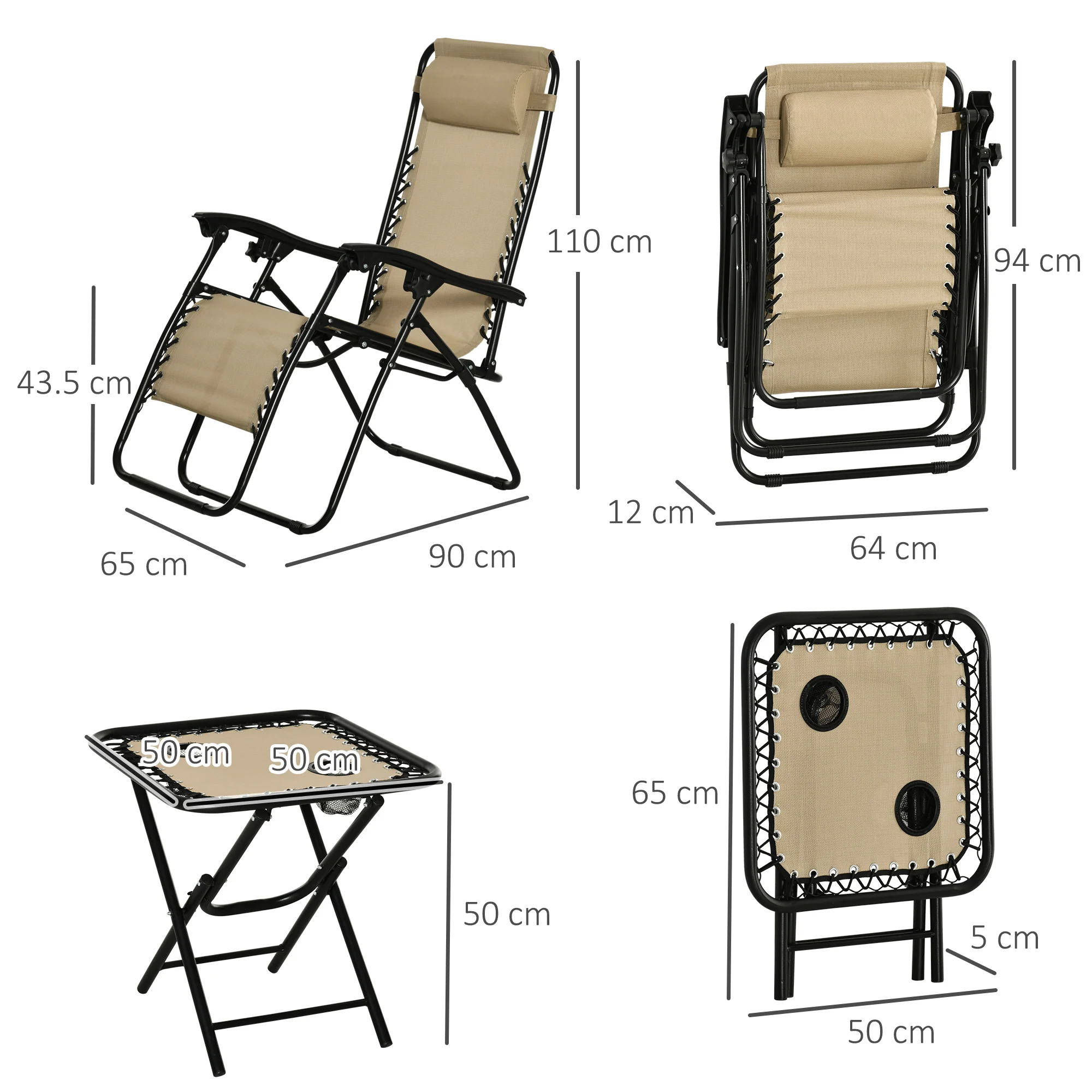 Outsunny 3pcs Folding Zero Gravity Chairs Sun Lounger Table Set W/ Cup Holders Reclining Garden Yard Pool, Beige - Image 2