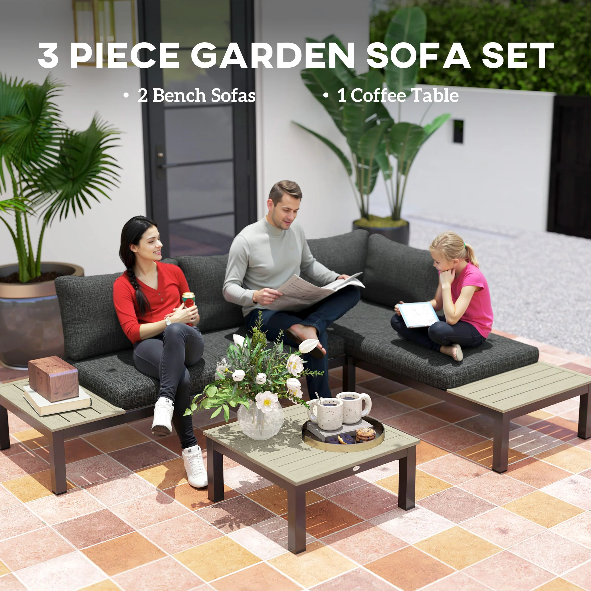 Outsunny 3pcs Garden Sectional Sofa Side Table Furniture Set W/ Cushion - Image 3