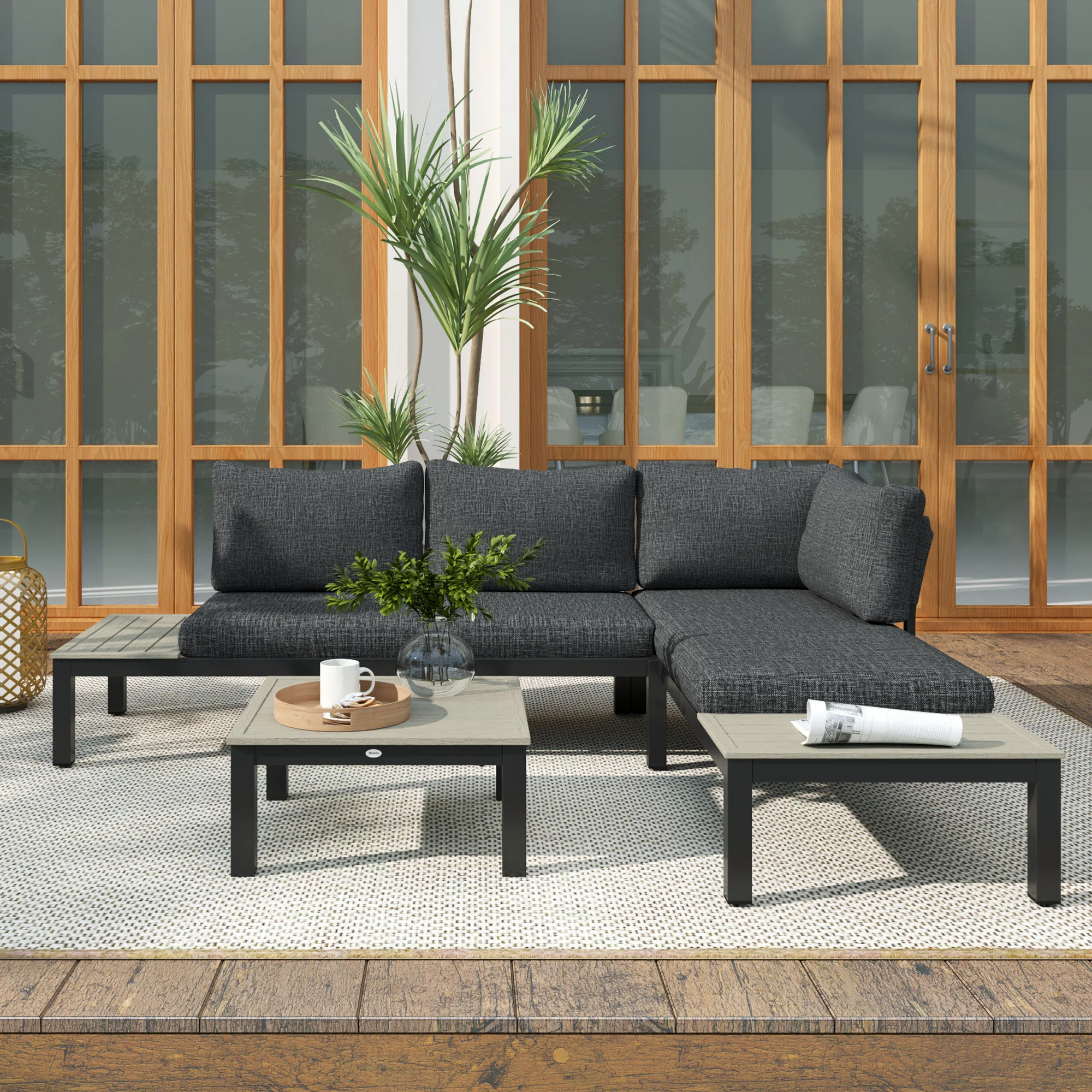 Outsunny 3pcs Garden Sectional Sofa Side Table Furniture Set W/ Cushion - Image 9