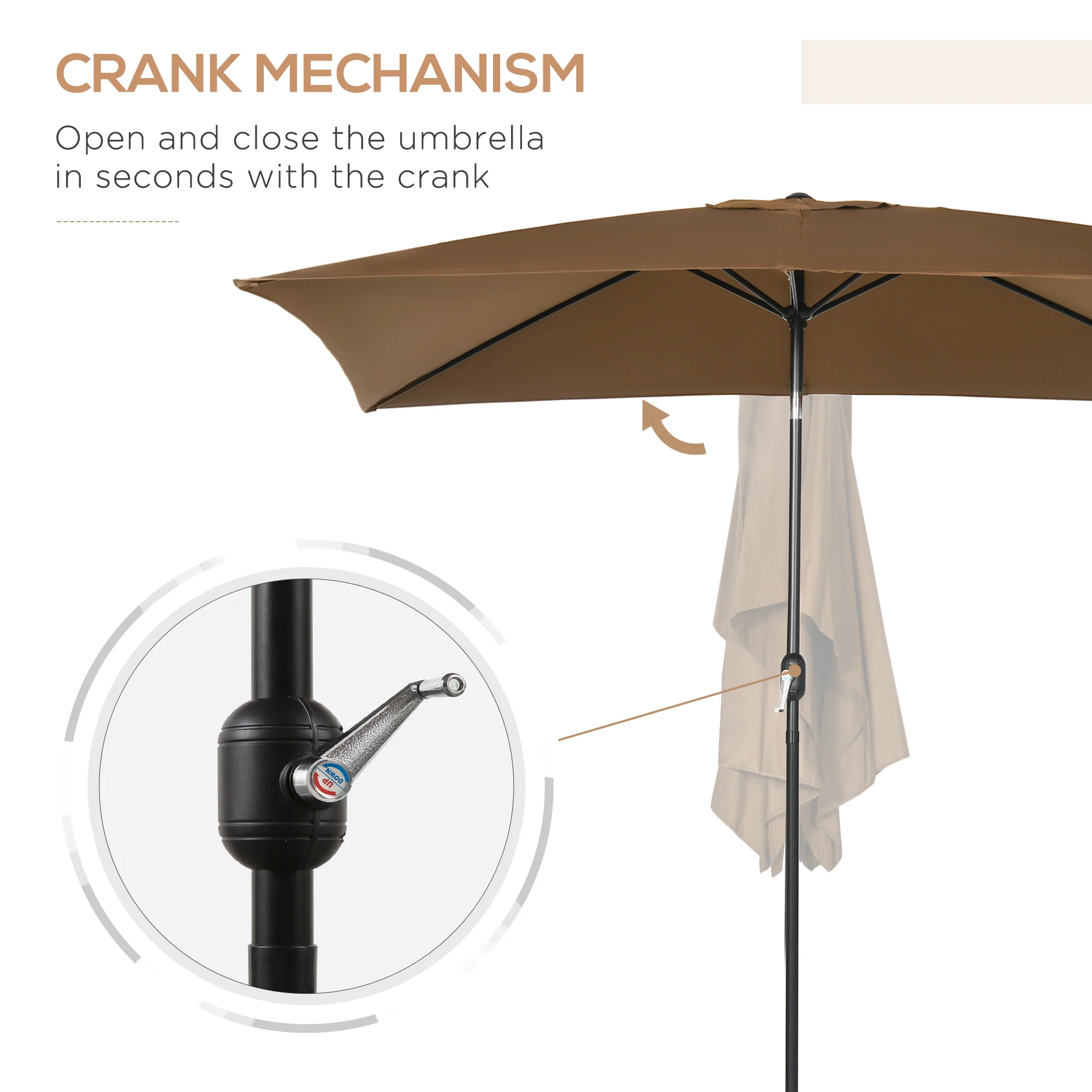 Outsunny 3x2m Patio Parasol Canopy Tilt Crank 6 Ribs Sun Shade Garden Brown - Image 4