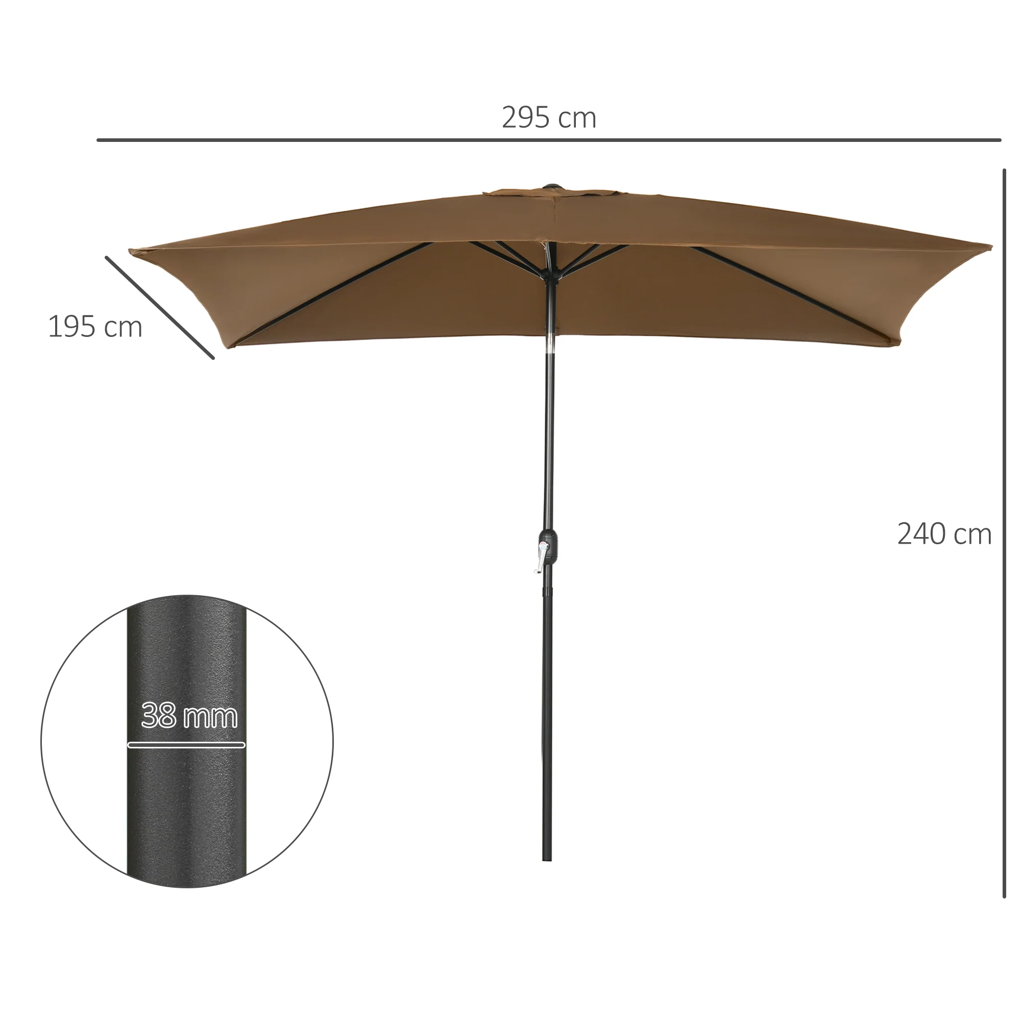 Outsunny 3x2m Patio Parasol Canopy Tilt Crank 6 Ribs Sun Shade Garden Brown - Image 5