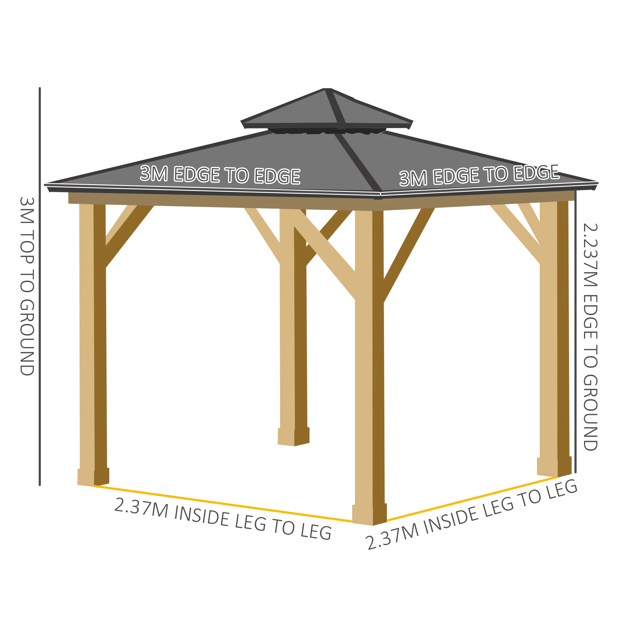Outsunny 3x(3)M Outdoor Hardtop Gazebo Canopy with 2-Tier Roof and Solid Wood Frame Outdoor Patio Shelter for Patio, Garden, Grey - Image 2
