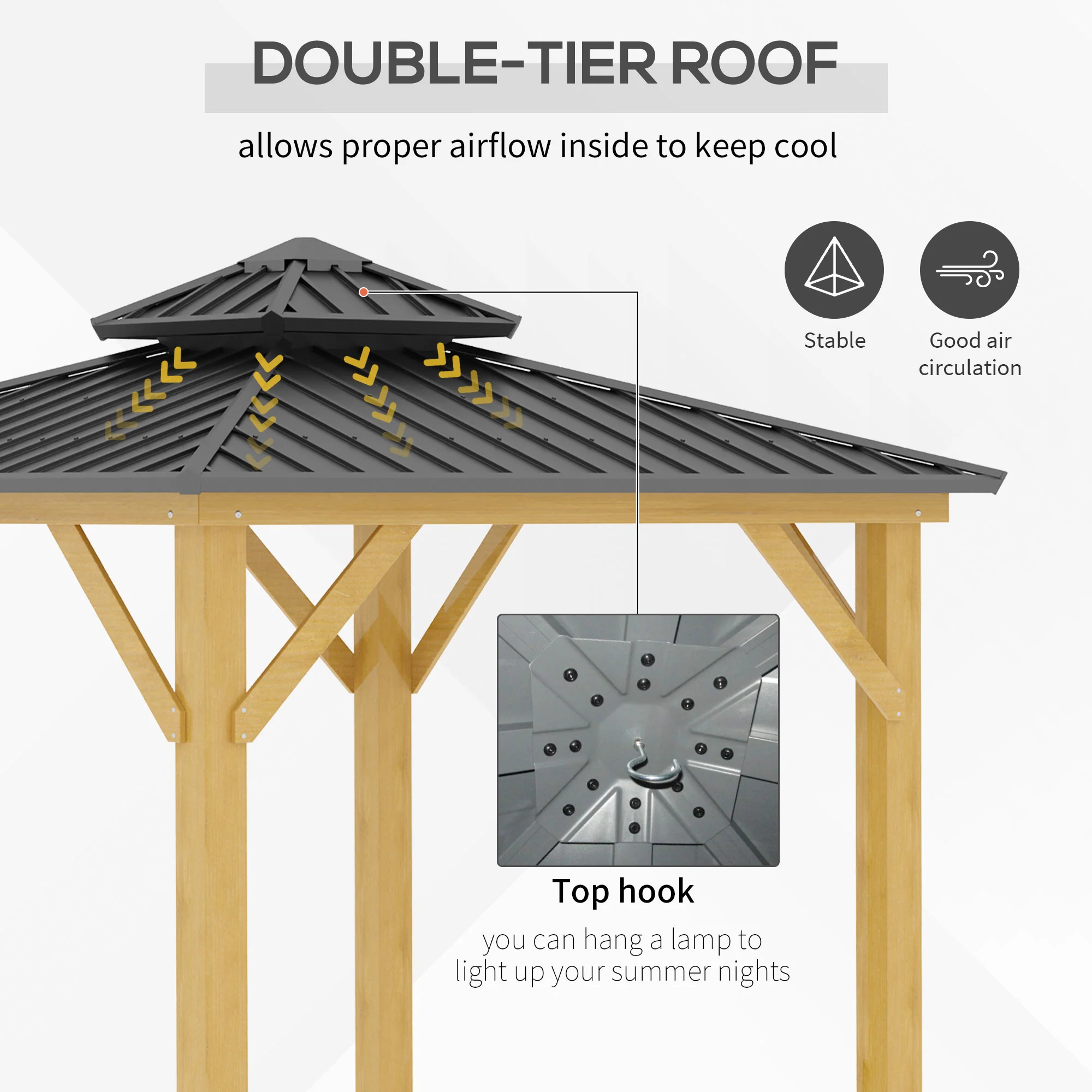 Outsunny 3x(3)M Outdoor Hardtop Gazebo Canopy with 2-Tier Roof and Solid Wood Frame Outdoor Patio Shelter for Patio, Garden, Grey - Image 5