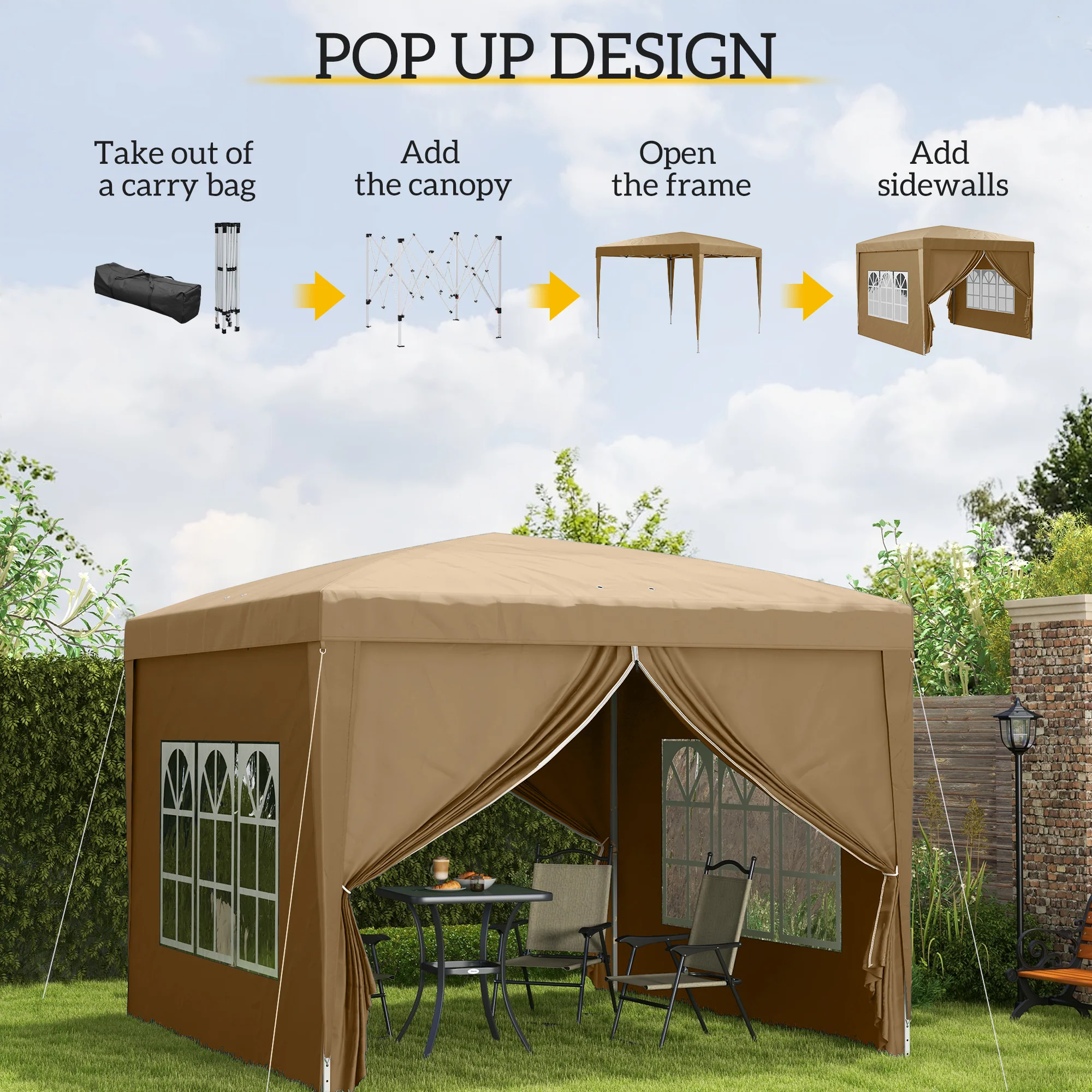 Outsunny 3x3(m) Pop Up Gazebo Party Tent Canopy Marquee with Storage Bag - Image 3