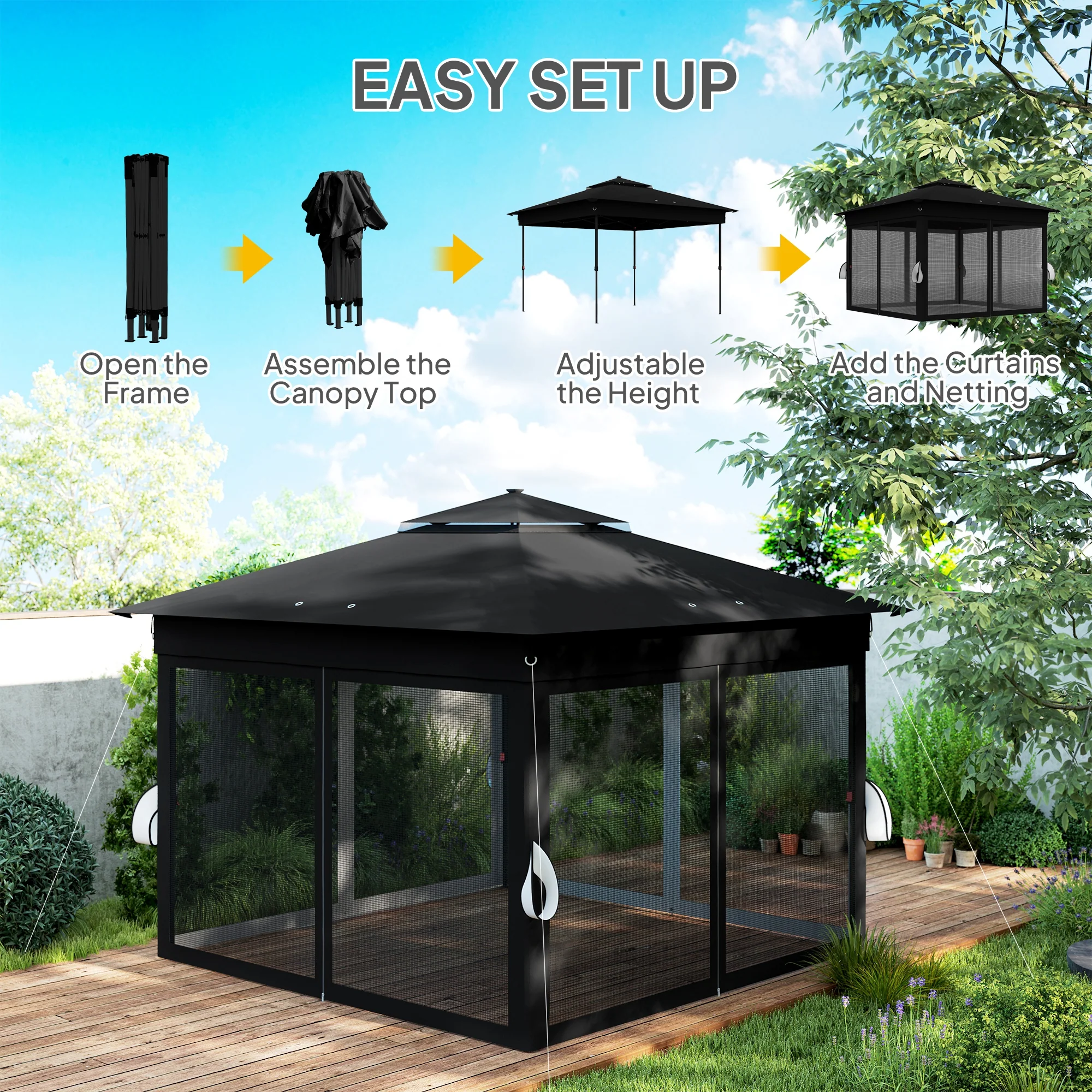 Outsunny 3x3(m) Pop Up Gazebo w/ Solar-Powered LED Lights Netting Black - Image 6