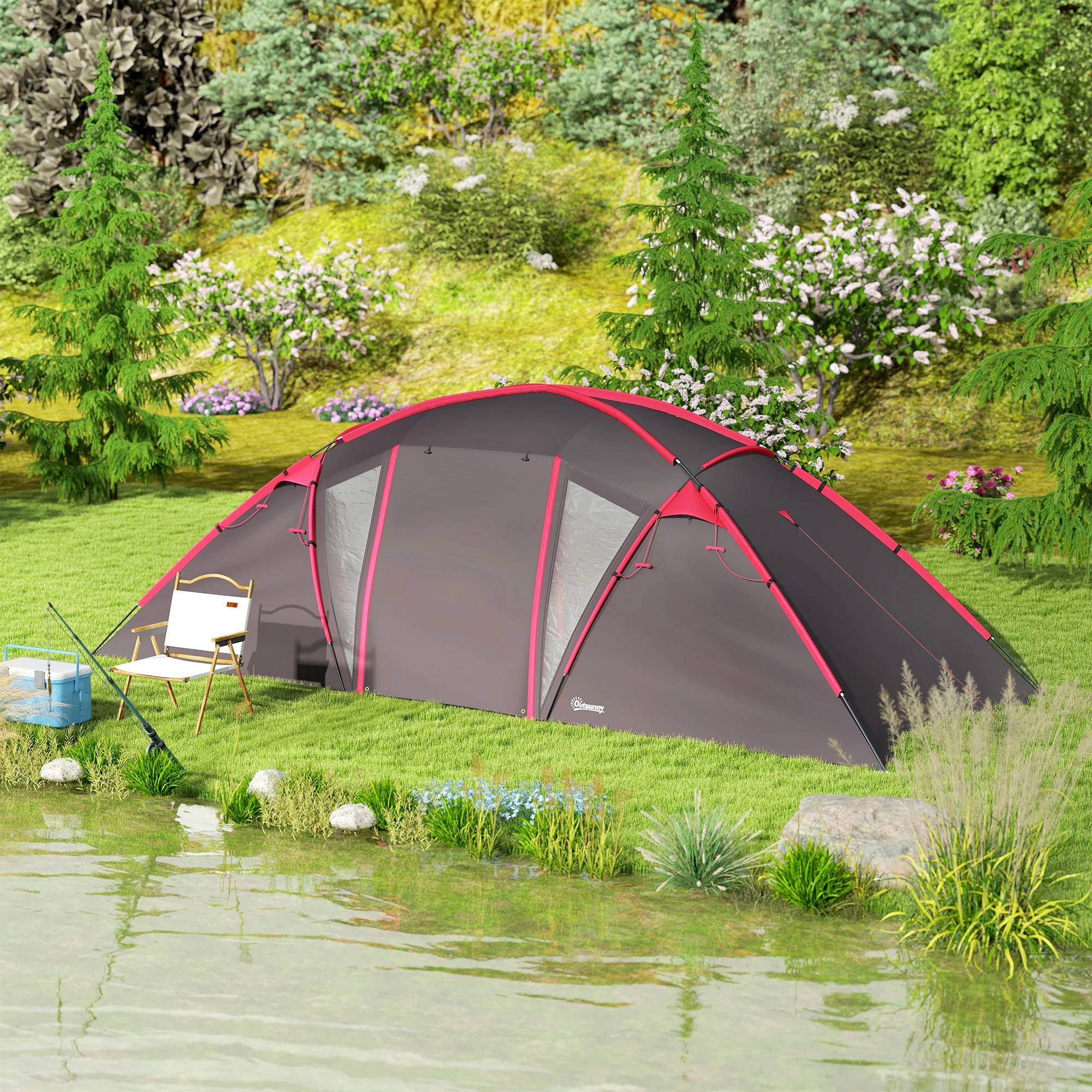 Outsunny 4-6 Man Family Camping Tent W/ 2 Bedrooms, A Living Room - Grey/Blue - Image 18