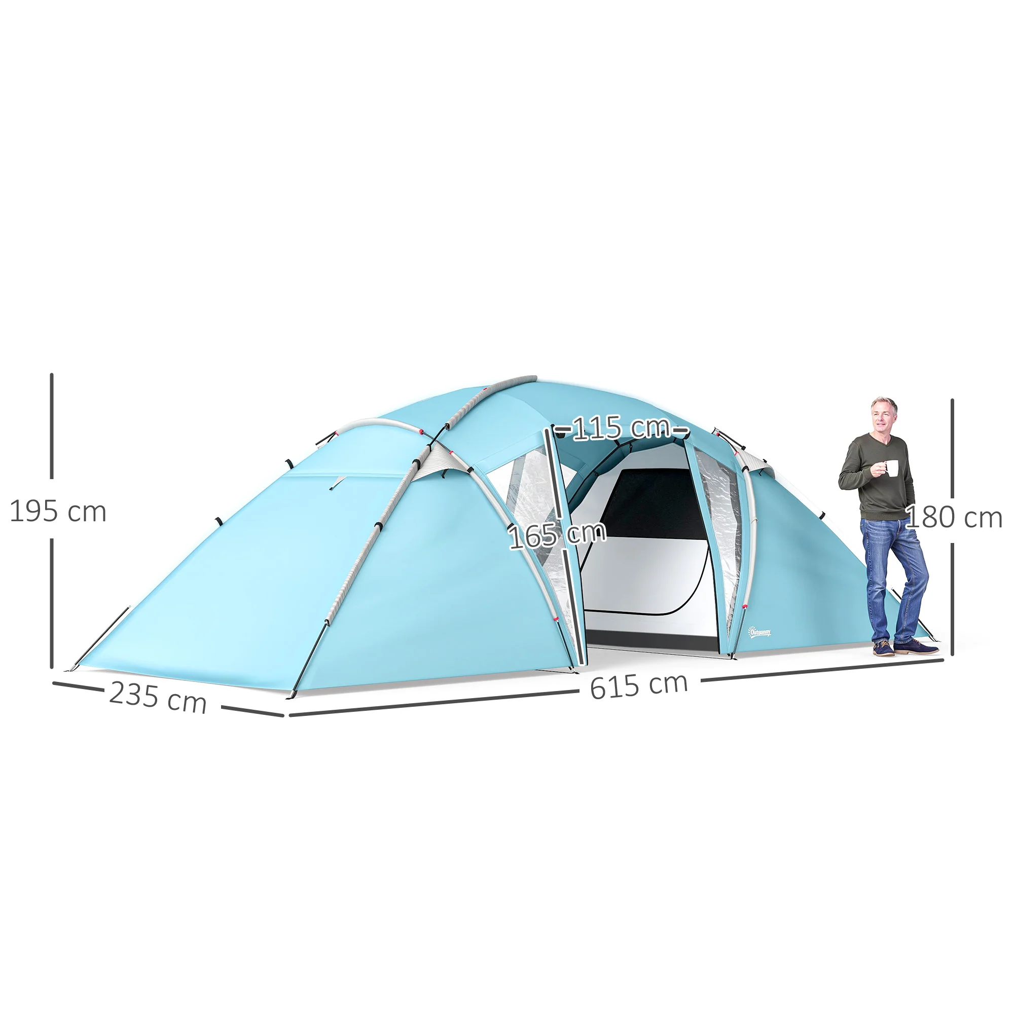 Outsunny 4-6 Man Family Camping Tent W/ 2 Bedrooms, A Living Room - Grey/Blue - Image 5