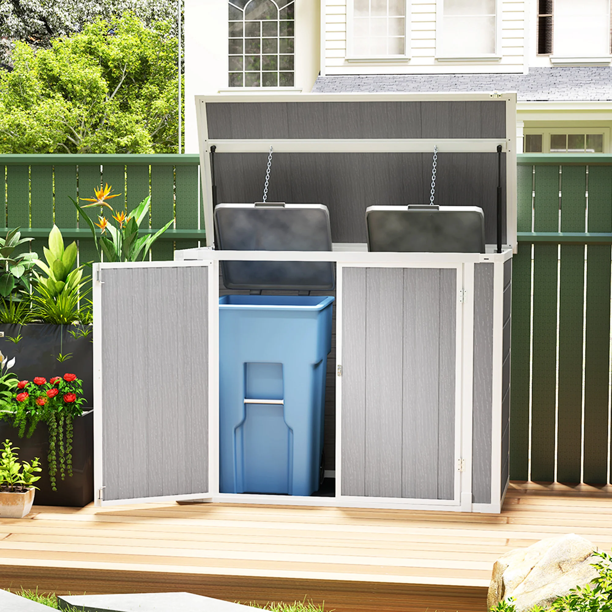 Outsunny 4.7 x 2.5FT Lockable Garden Shed, 2-Bin Storage Shed, Light Grey - Image 2