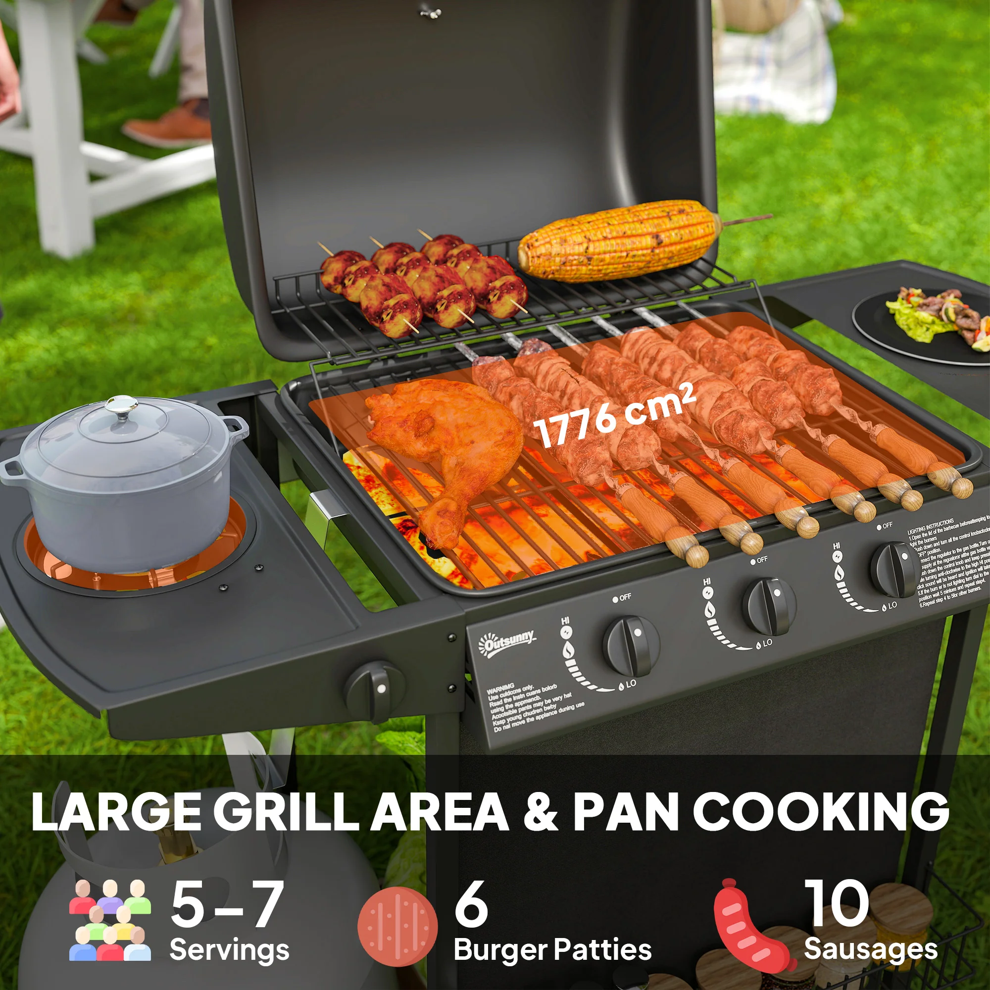 Outsunny 4 Burner Gas Barbecue Grill Portable Gas BBQ Grill with Lid, Black - Image 3