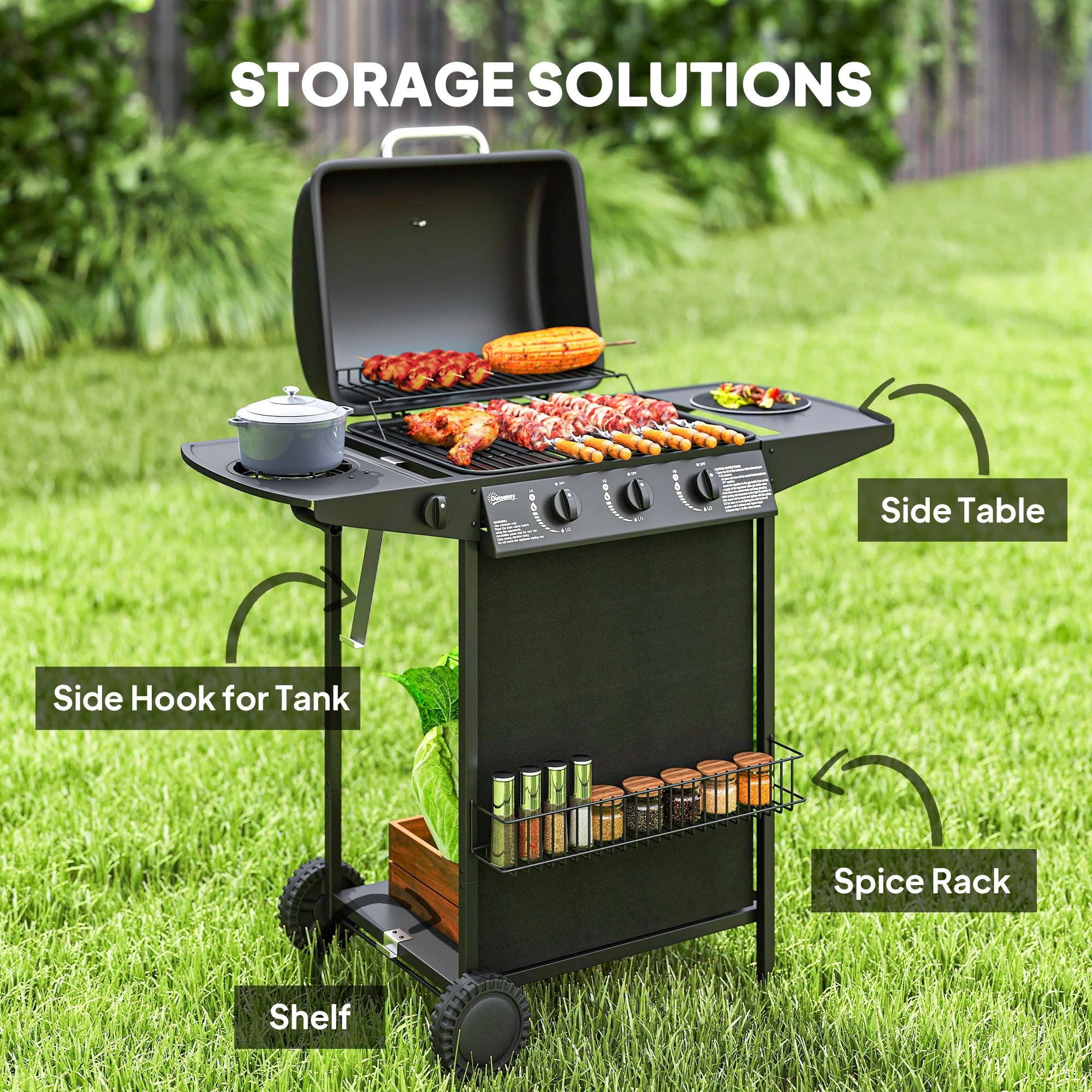 Outsunny 4 Burner Gas Barbecue Grill Portable Gas BBQ Grill with Lid, Black - Image 6