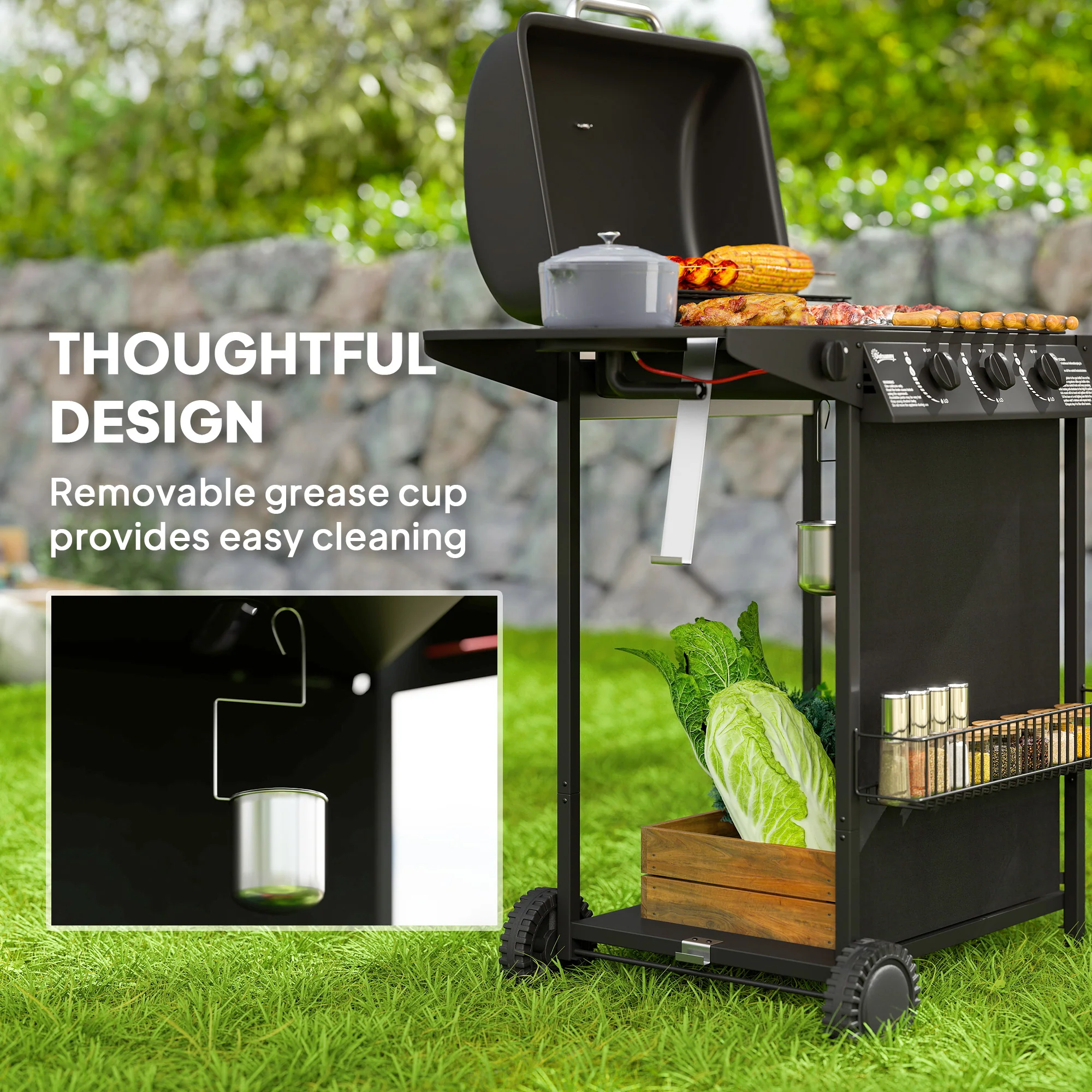 Outsunny 4 Burner Gas Barbecue Grill Portable Gas BBQ Grill with Lid, Black - Image 7