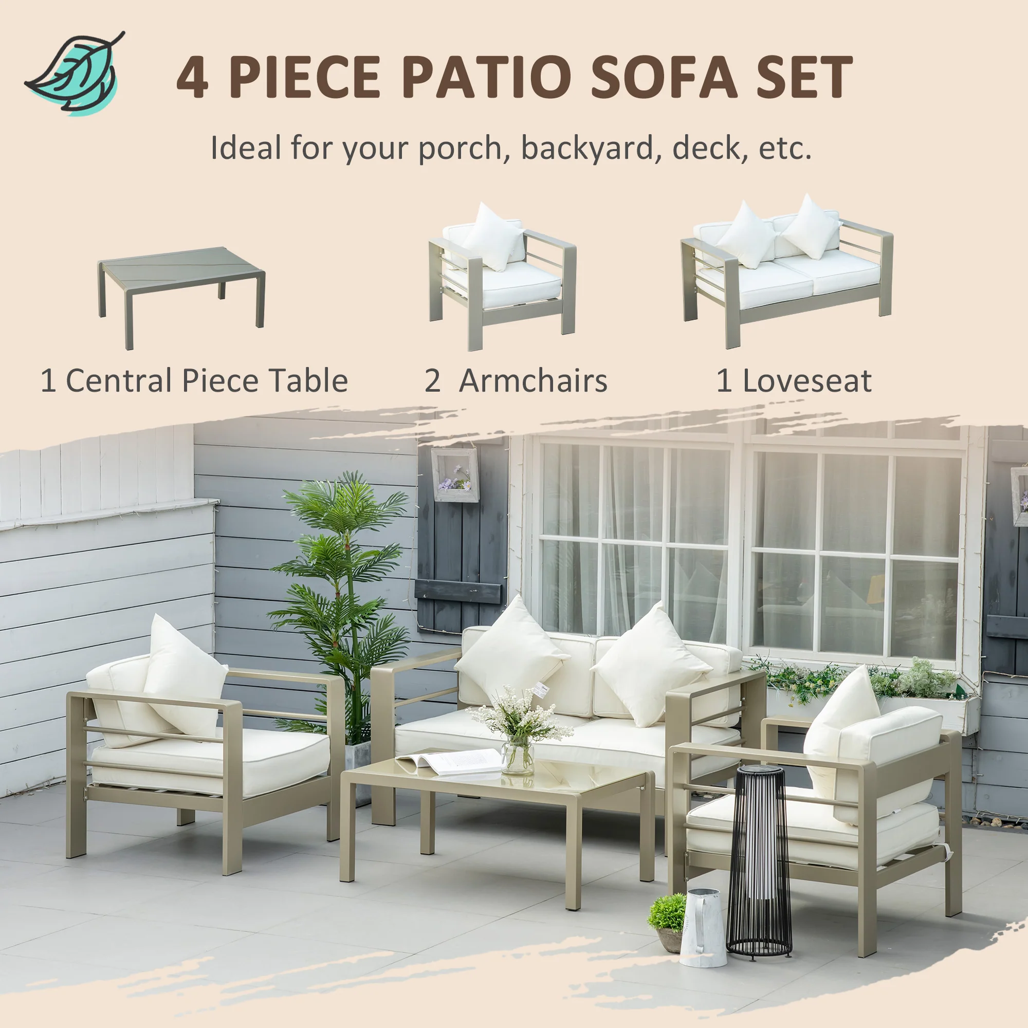 Outsunny 4 PCs Aluminium Garden Furniture Set W/ Thick Padded Cushion - Image 3