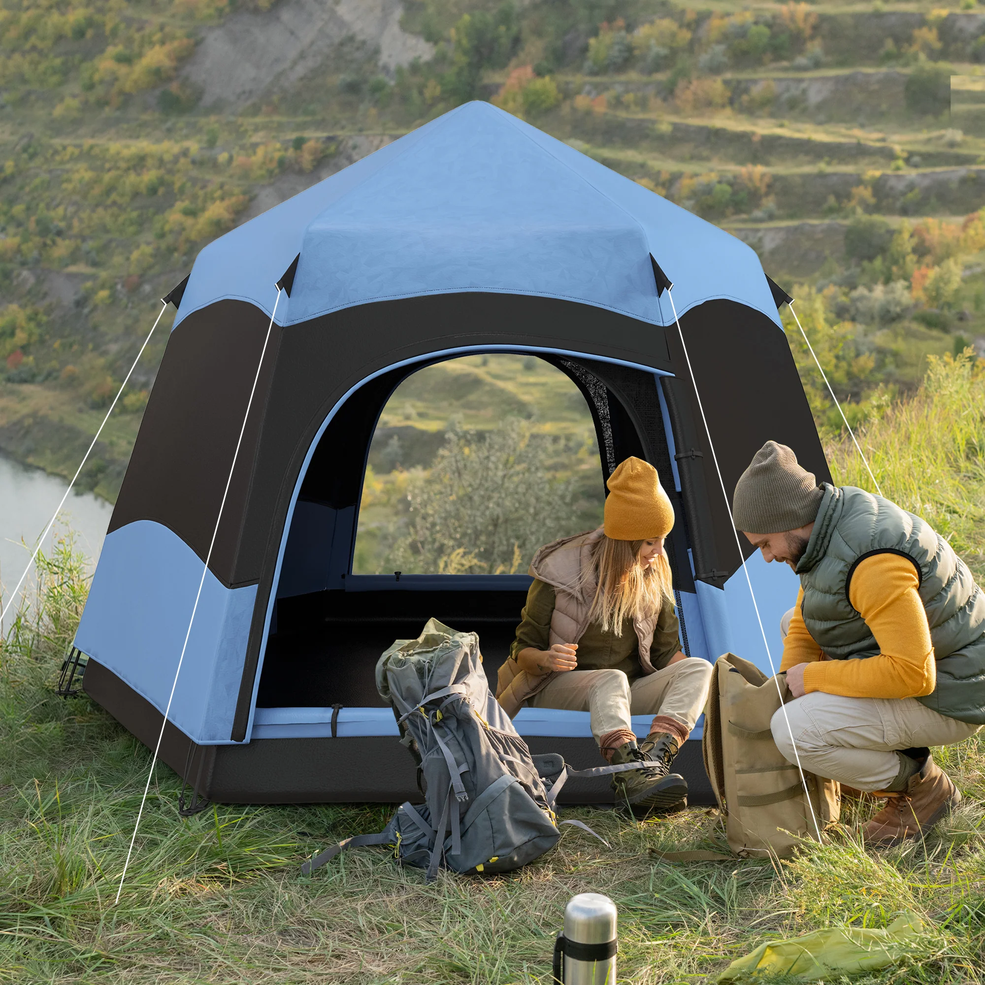 Outsunny 4 Person Pop Up Tent Camping Festival Hiking Shelter Family Blue&Black - Image 2