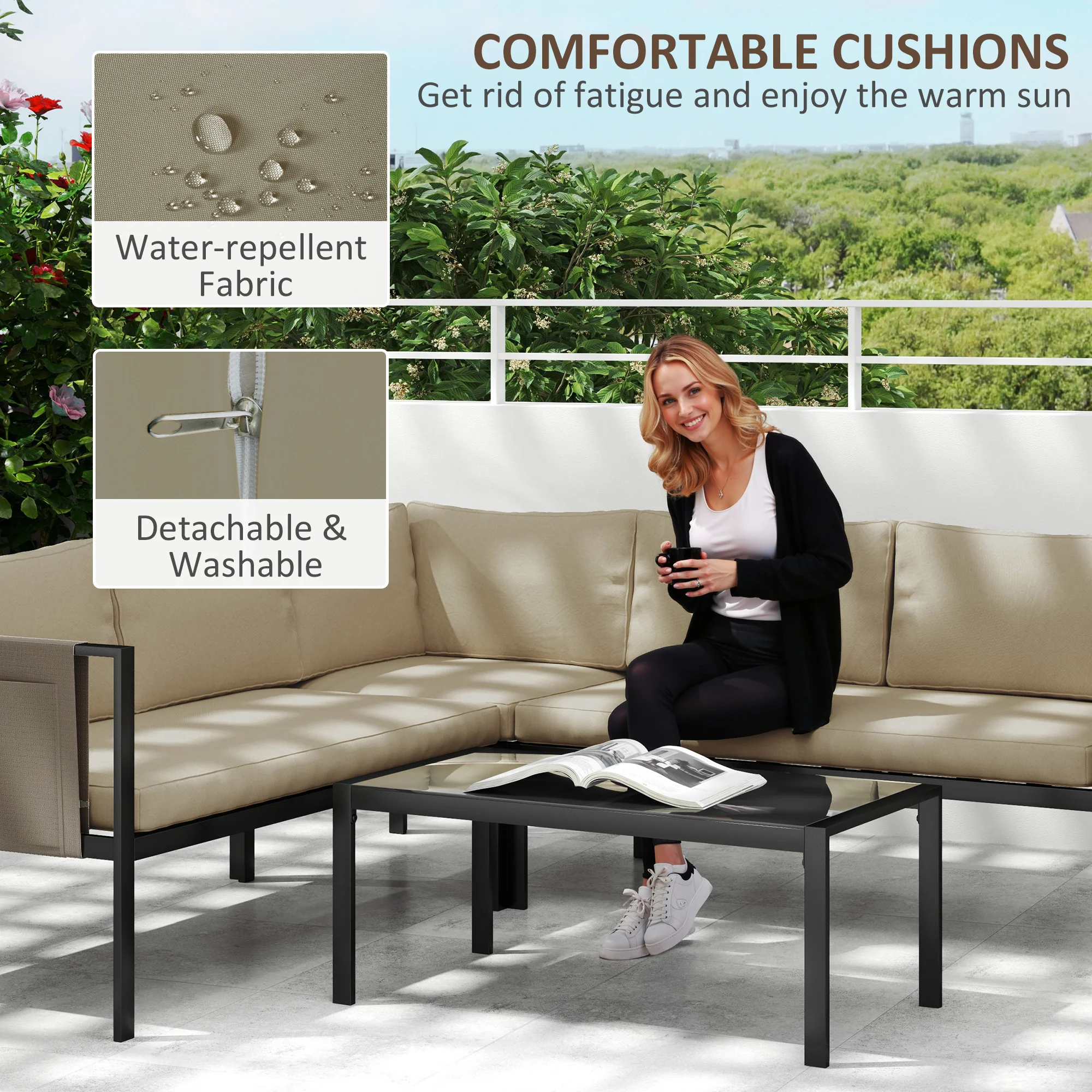 Outsunny 4 Piece Garden Furniture Set W/ Breathable Mesh Pocket, Khaki - Image 6