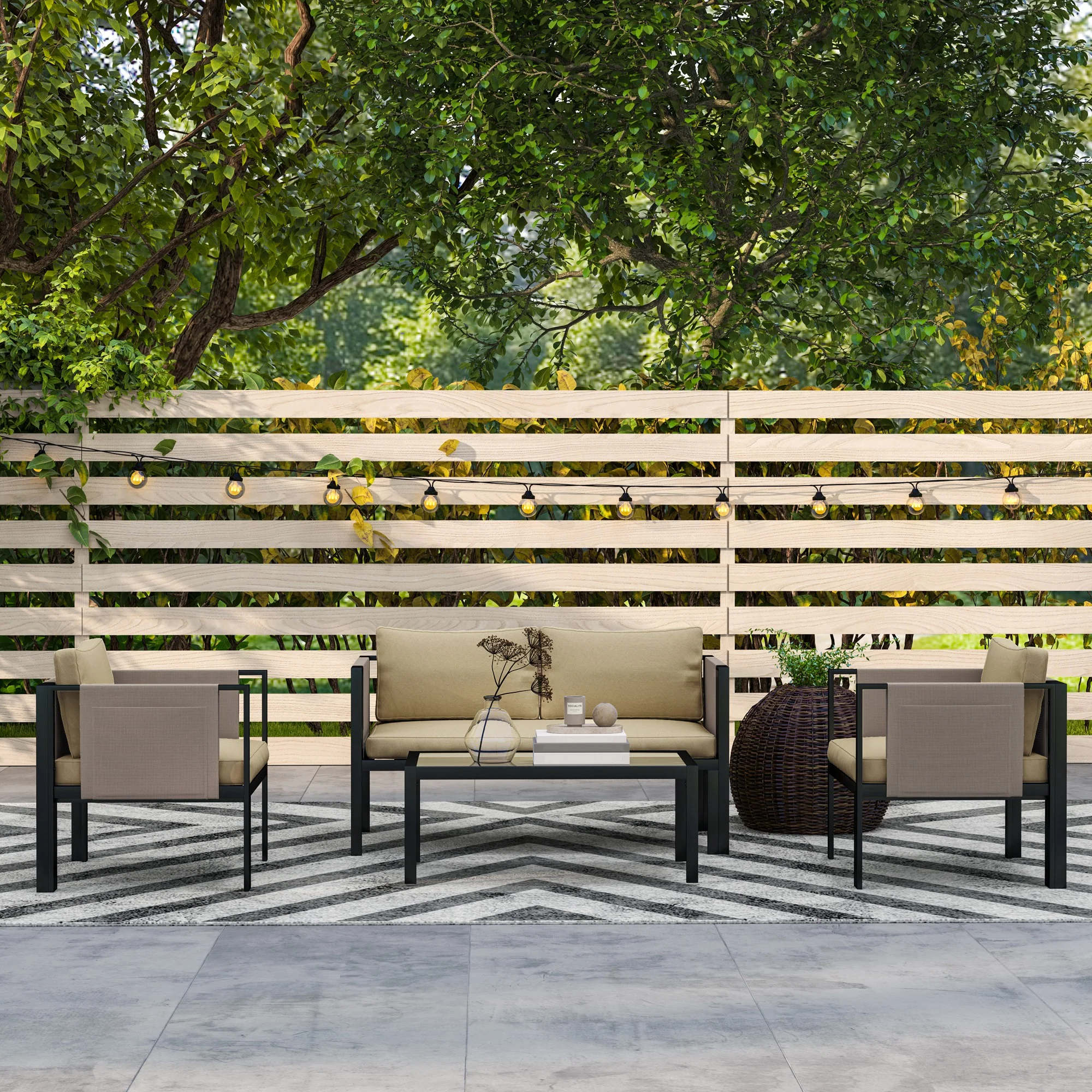 Outsunny 4 Piece Garden Sofa Set w/ Tempered Glass Coffee Table Khaki - Image 9