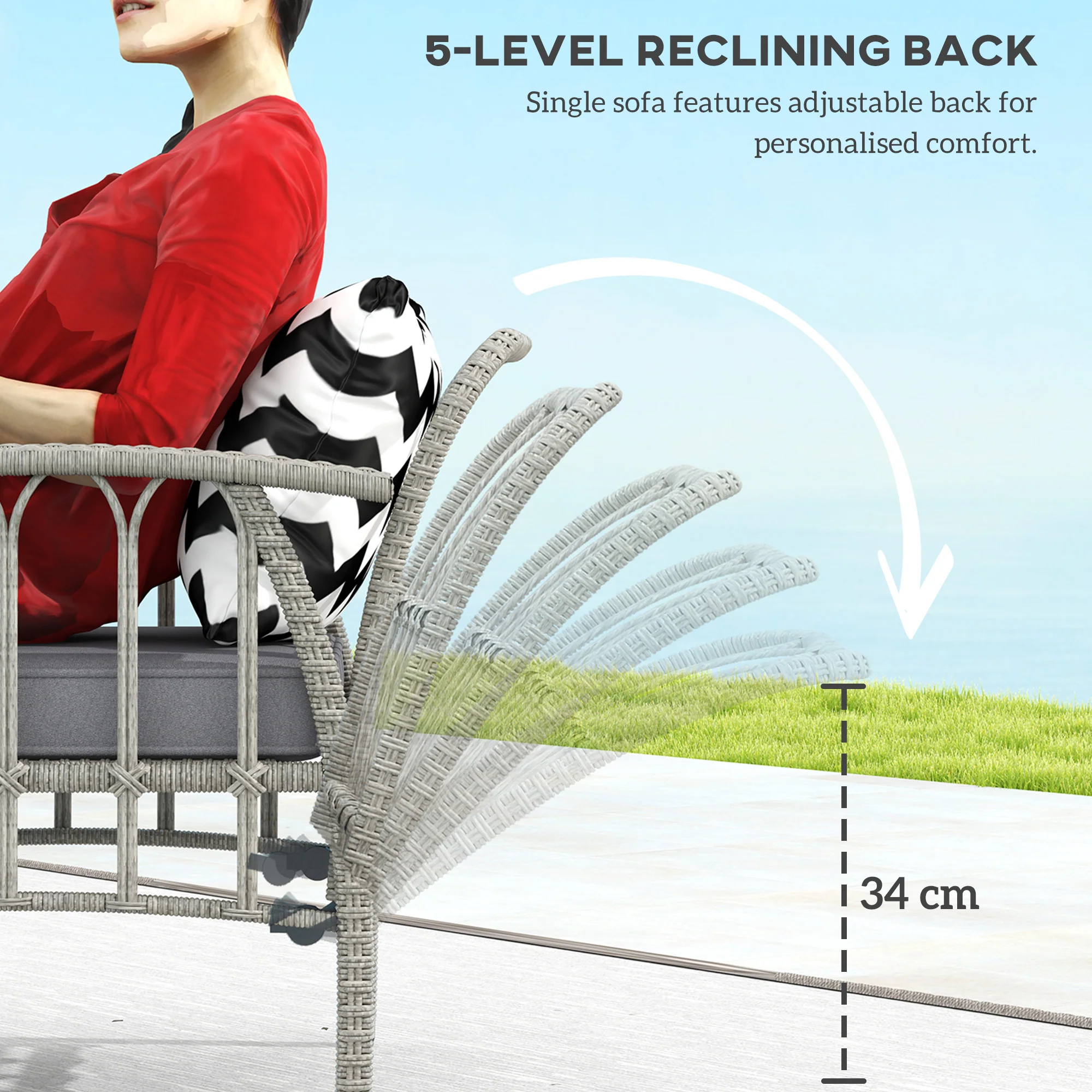 Outsunny 4 Piece Rattan Garden Furniture Set with Adjustable Back, Grey - Image 4