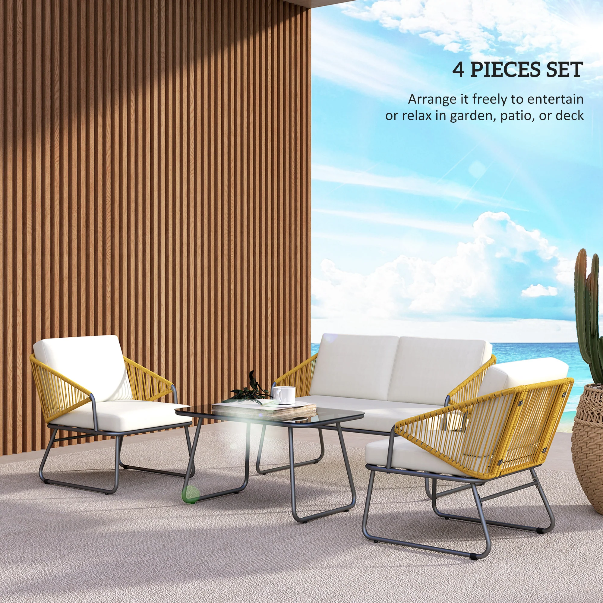 Outsunny 4 Piece Rattan Garden Furniture Set With Cushions, Natural - Image 12