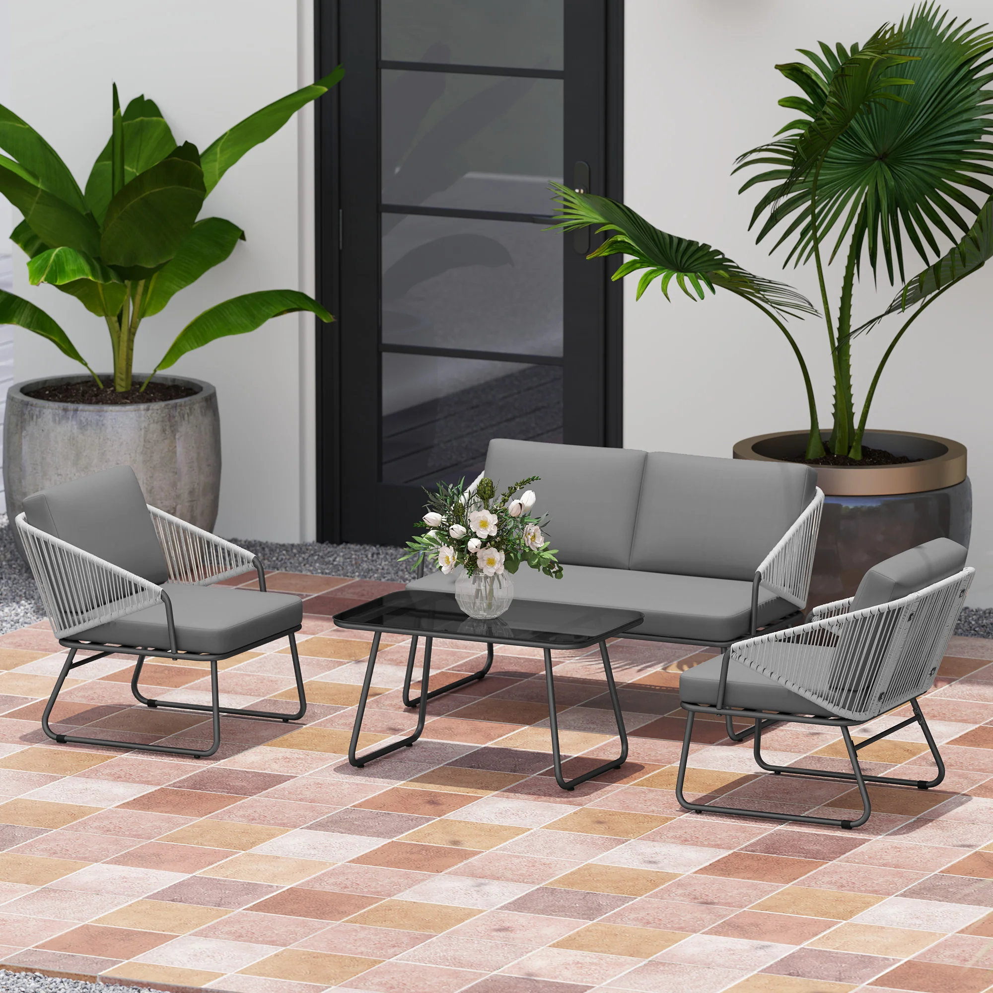 Outsunny 4 Piece Rattan Garden Furniture Set With Cushions, Natural - Image 9