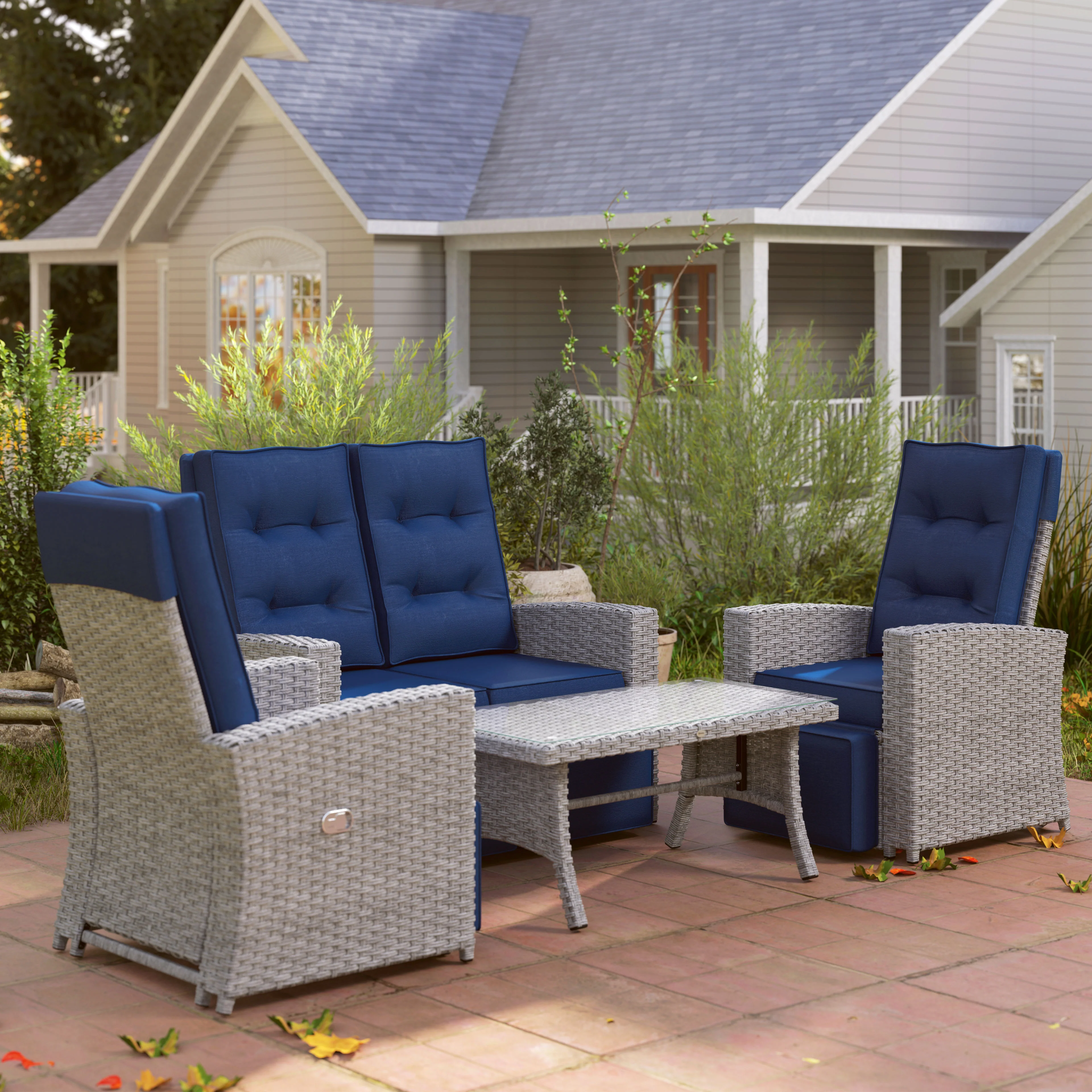 Outsunny 4 Piece Rattan Garden Furniture Set with Sofa, Glass Table, Blue - Image 9