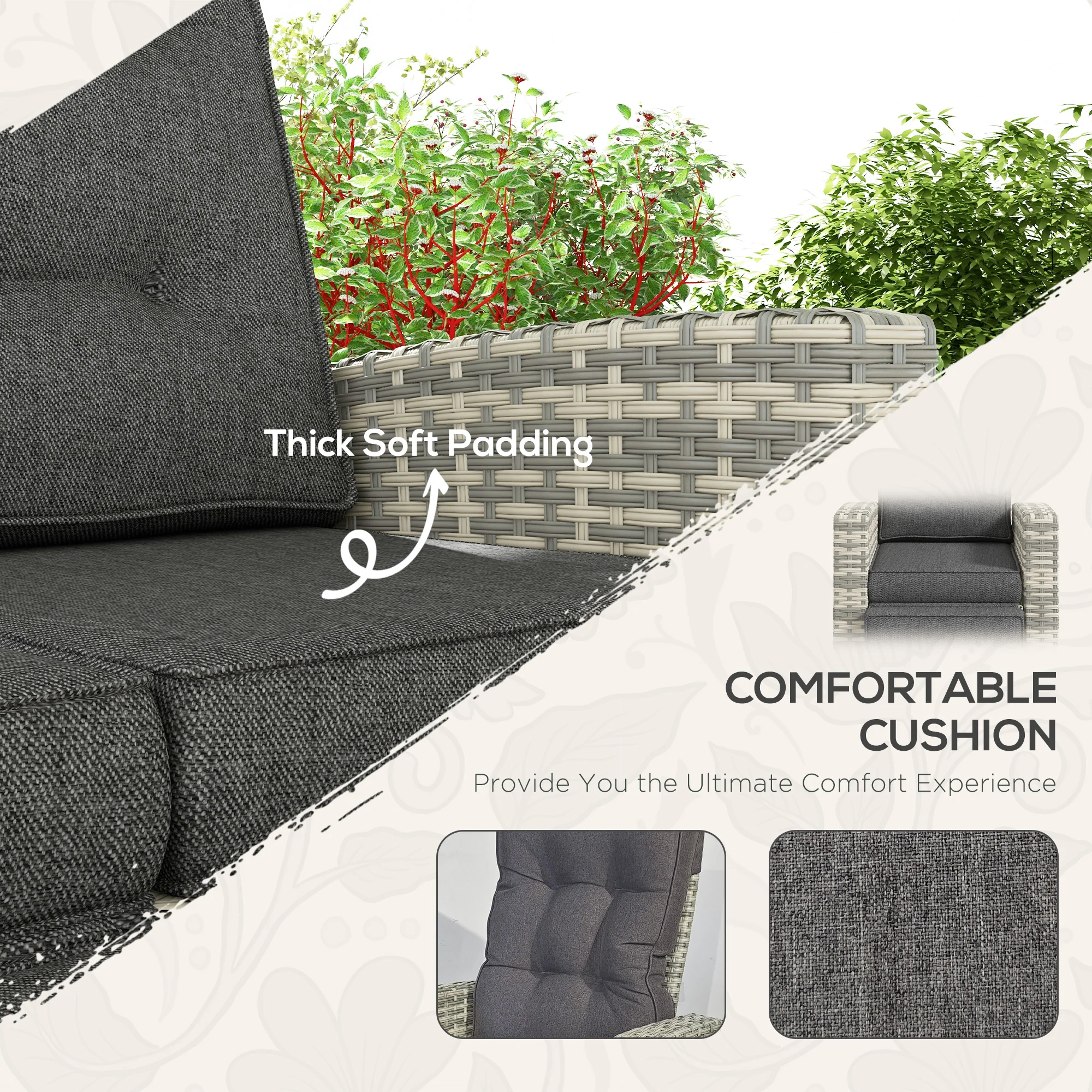 Outsunny 4 Piece Rattan Garden Furniture Set with Sofa, Glass Table, Light Grey - Image 4