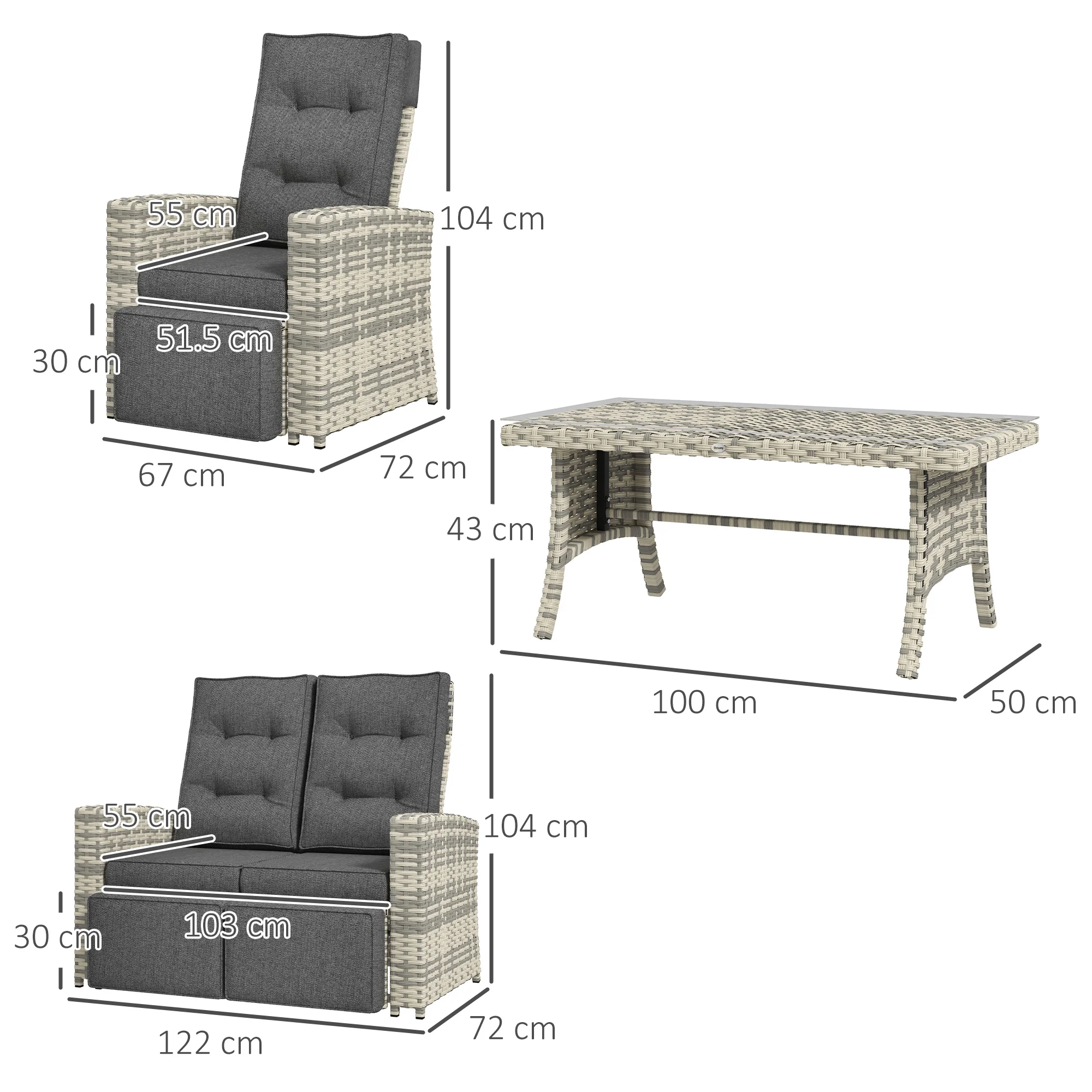 Outsunny 4 Piece Rattan Garden Furniture Set with Sofa, Glass Table, Light Grey - Image 5