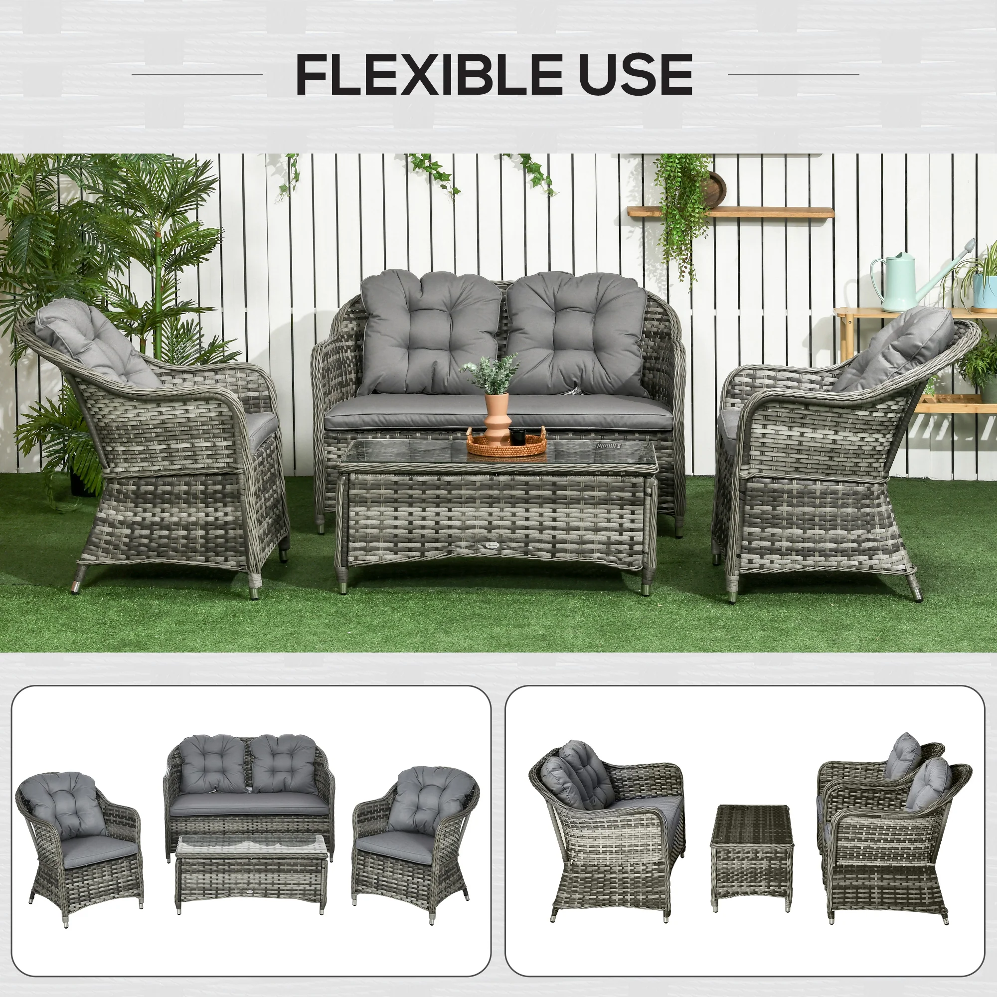 Outsunny 4 Pieces Rattan Sofa Set Outdoor Conservatory Furniture with Cushions - Image 7