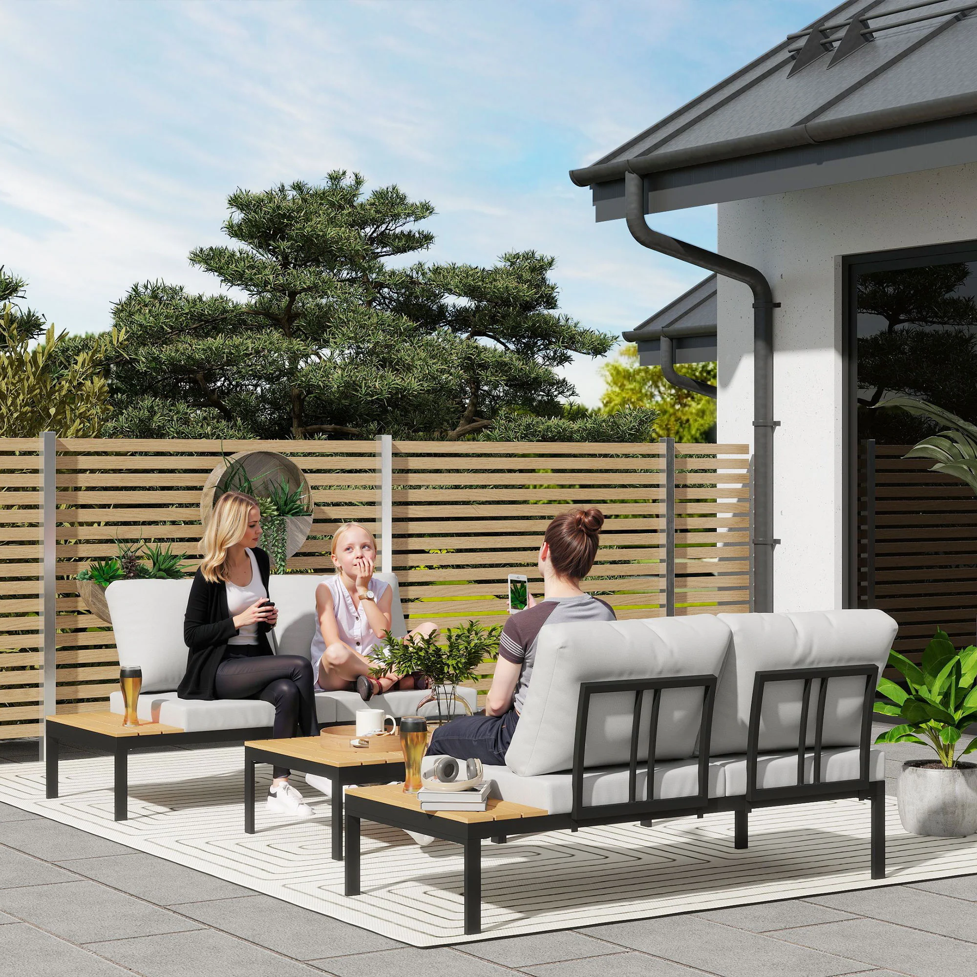 Outsunny 4 Seater Garden Corner Sofa Set with Removable Thick Cushions Teak - Image 2