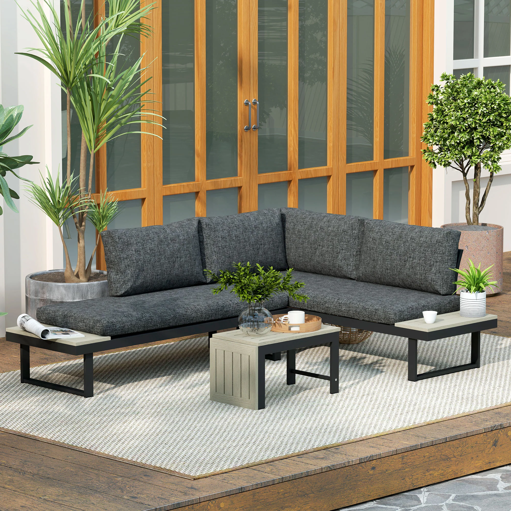 Outsunny 4 Seater L Shaped Aluminium Garden Furniture Set With Coffee Table - Image 9