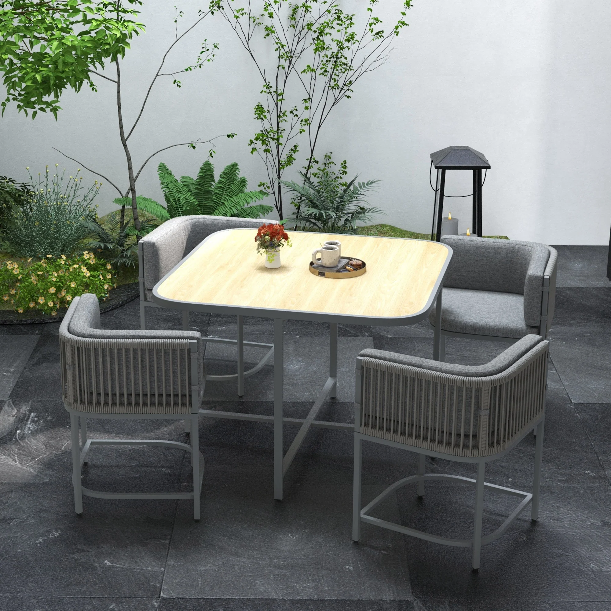 Outsunny 4 Seater Rattan Dining Set with Cushions Cube Garden Furniture Set - Image 2