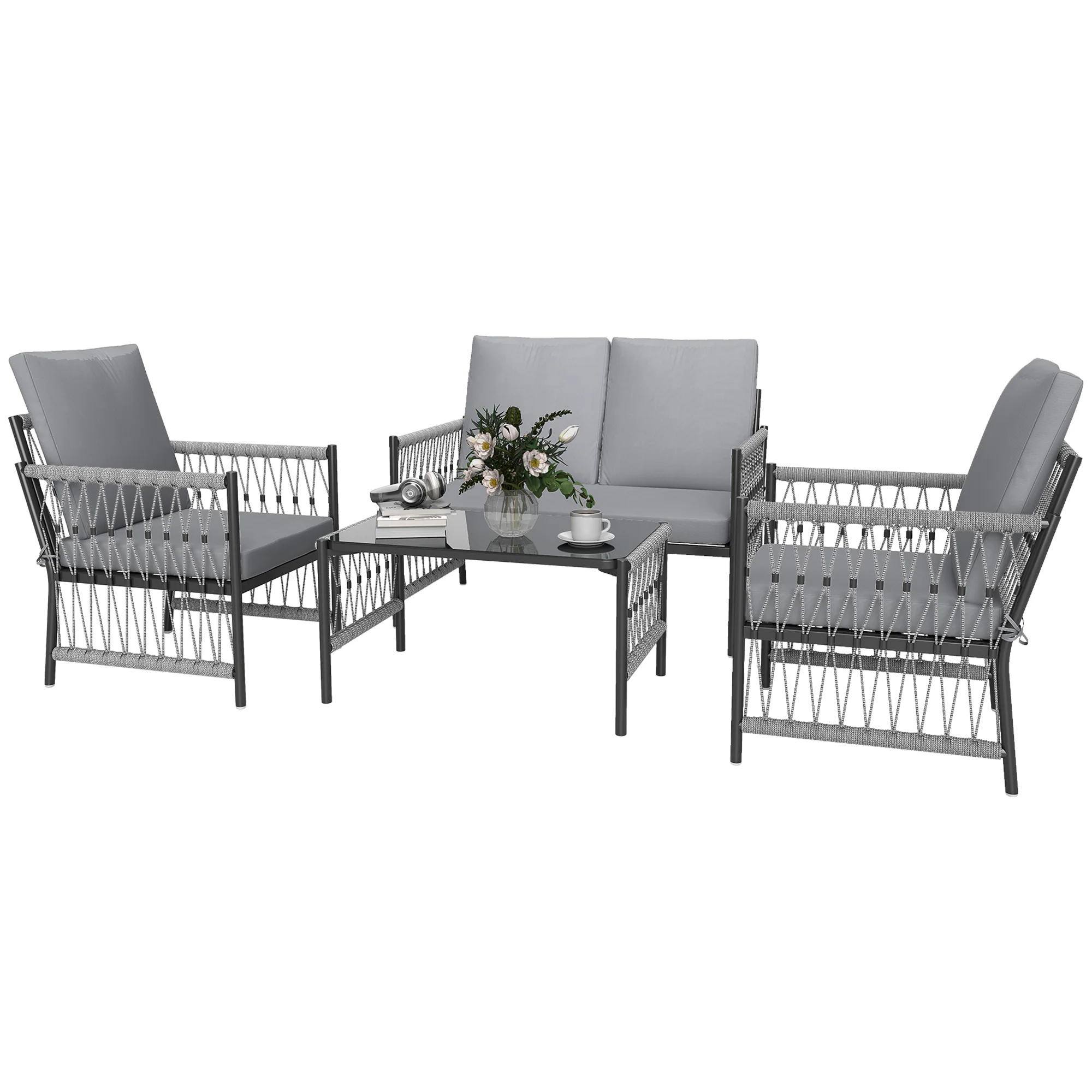 Outsunny 4 Seater Rattan Garden Sofa Set With Glass Top Coffee Table - Image 10