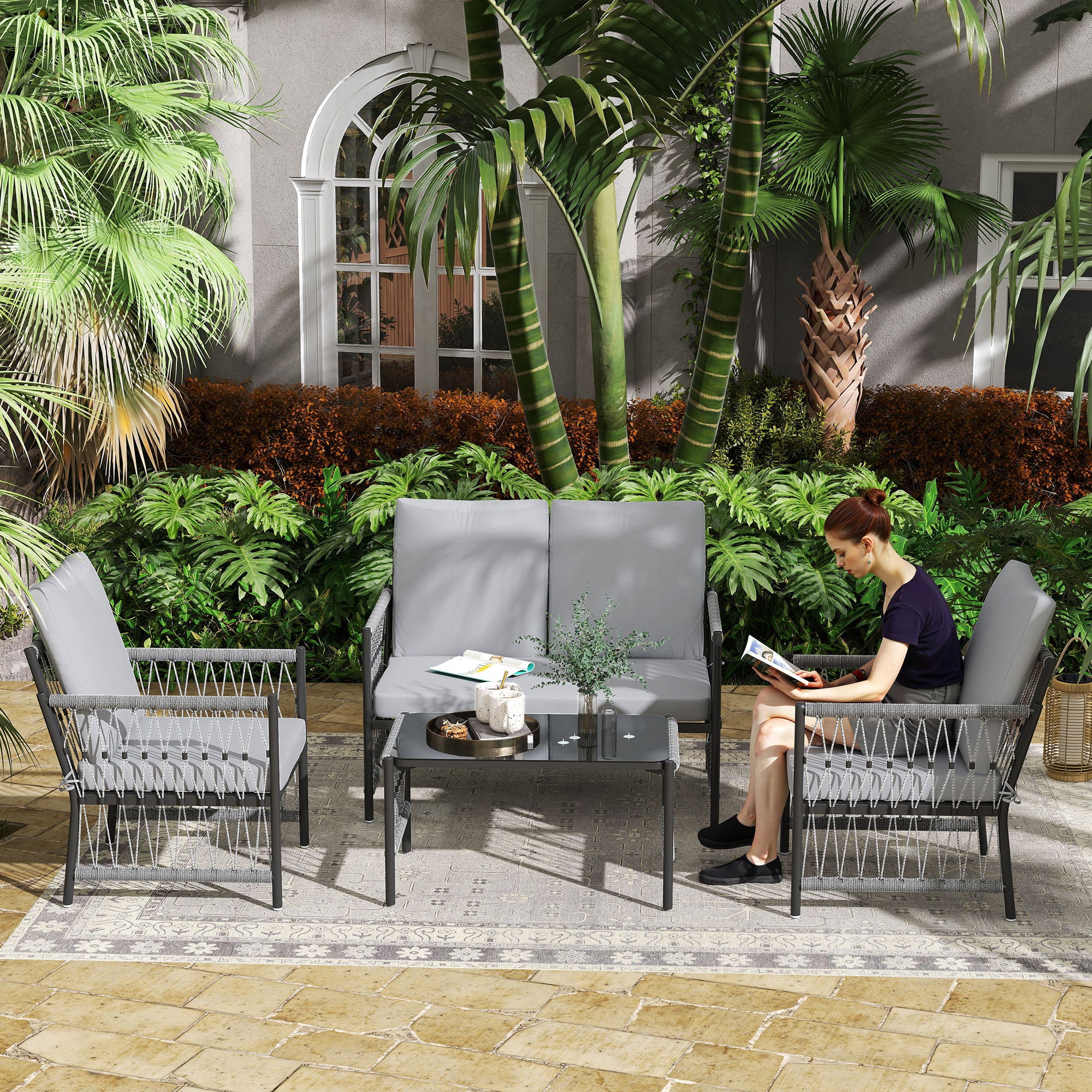Outsunny 4 Seater Rattan Garden Sofa Set With Glass Top Coffee Table - Image 11