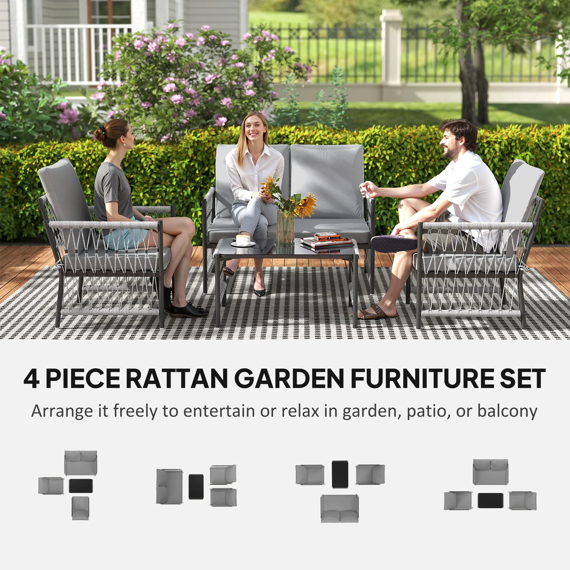 Outsunny 4 Seater Rattan Garden Sofa Set With Glass Top Coffee Table - Image 12