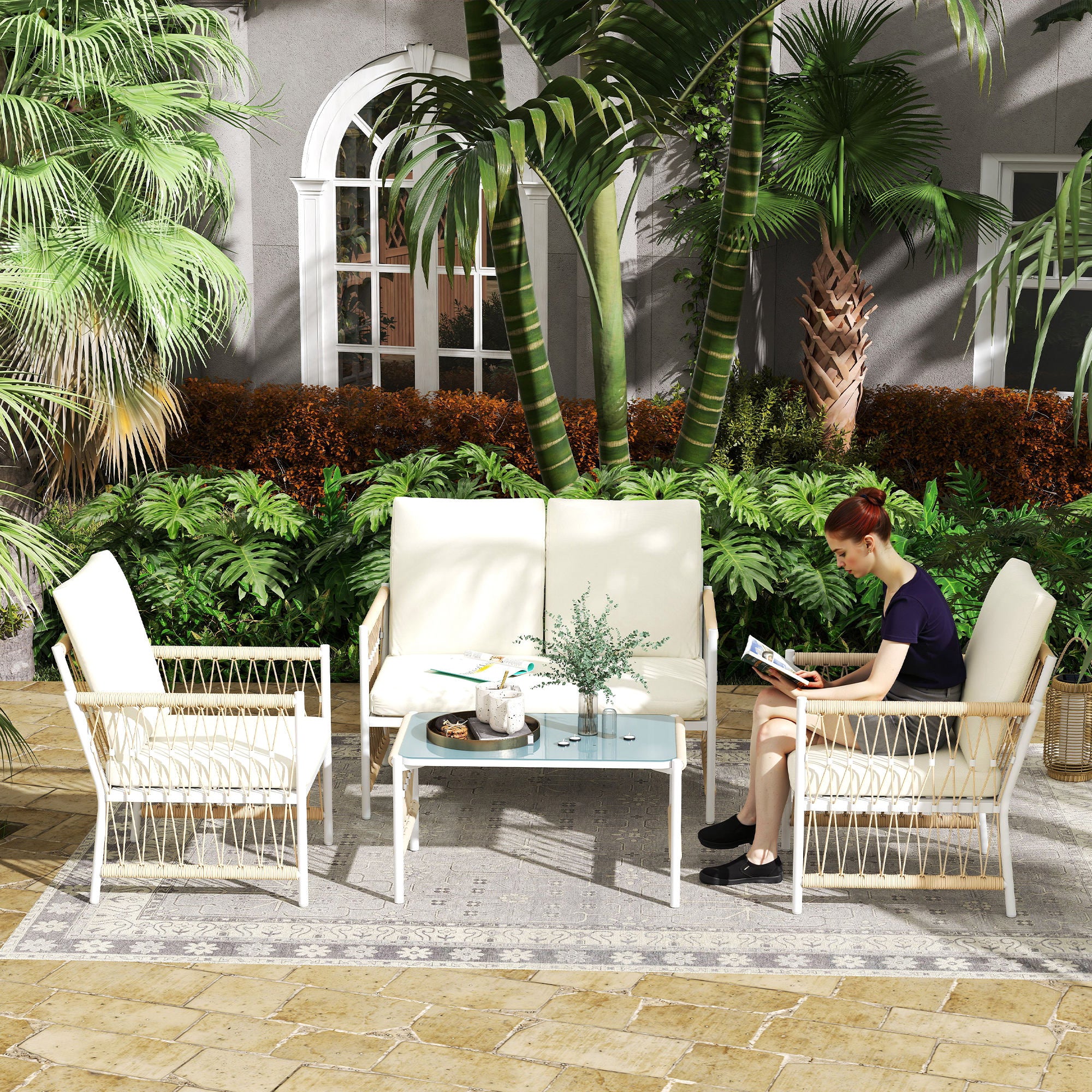 Outsunny 4 Seater Rattan Garden Sofa Set With Glass Top Coffee Table - Image 2