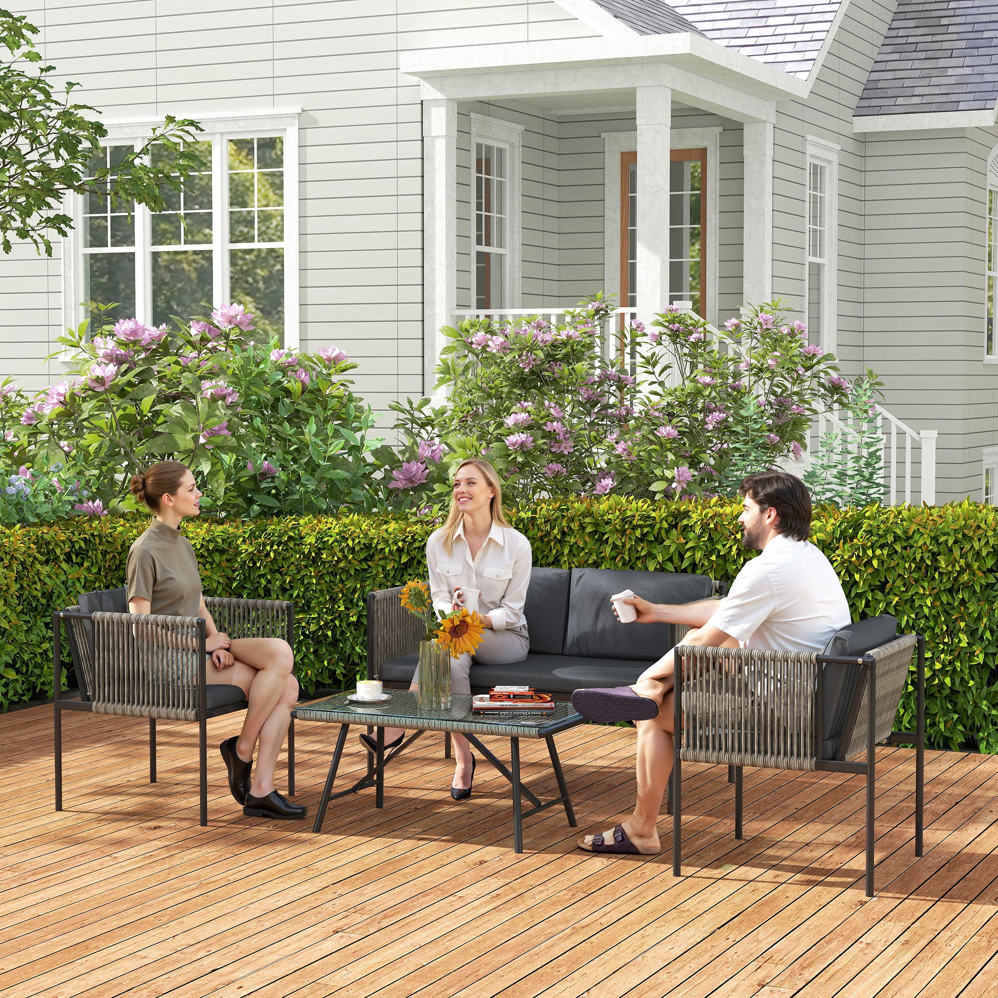 Outsunny 4 Seater Wicker Outdoor Furniture Set with Glass Coffee Table Grey - Image 9