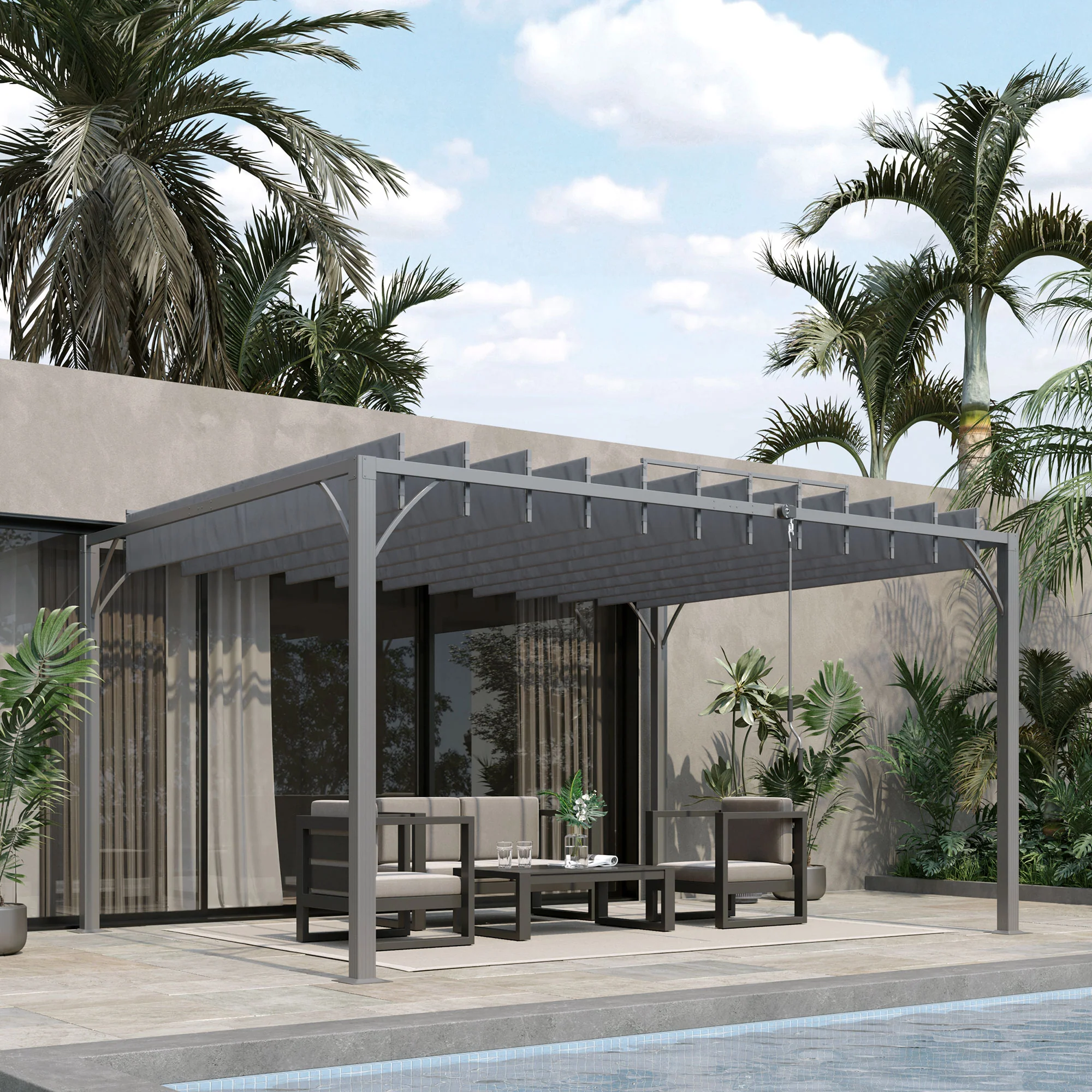 Outsunny 4 x 3(m) Outdoor Louvered Metal Pergola with Retractable Roof, Grey - Image 2